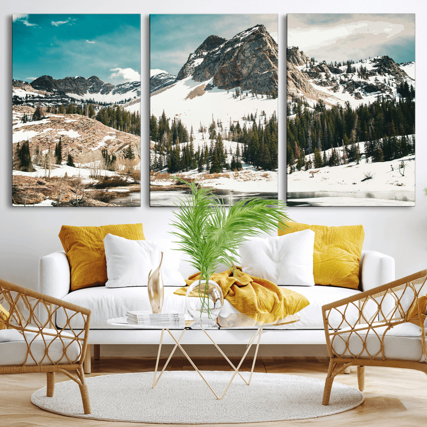 56837070-MGV-CV-36X24 - Snowy Mountain Landscape Wall Art Canvas Print, Alpine Pine Forest Winter Nature Wall Decor for Living Room and Office