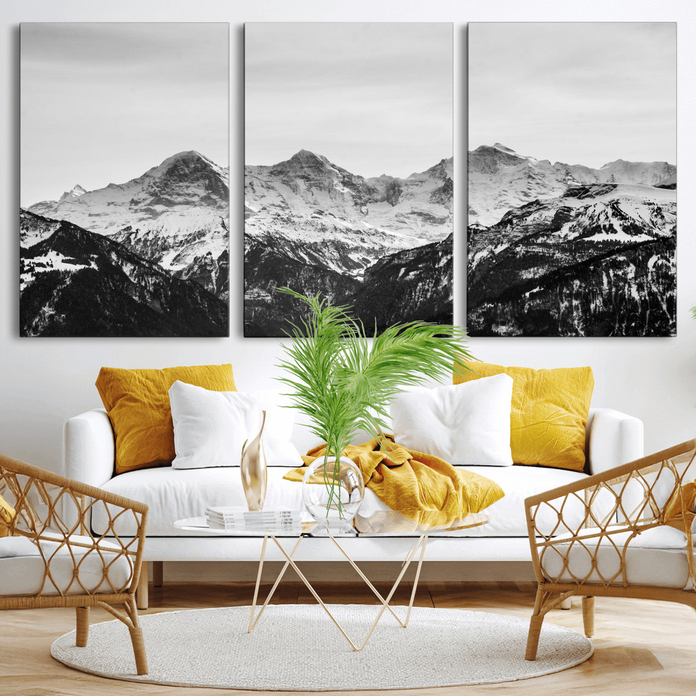 85684934-MGV-CV-36X24 - Black and White Mountain Wall Art Canvas Print, Snowy Alpine Peaks Landscape Photography, Minimal Monochrome Mountain Art, Scenic Nature Wall Decor