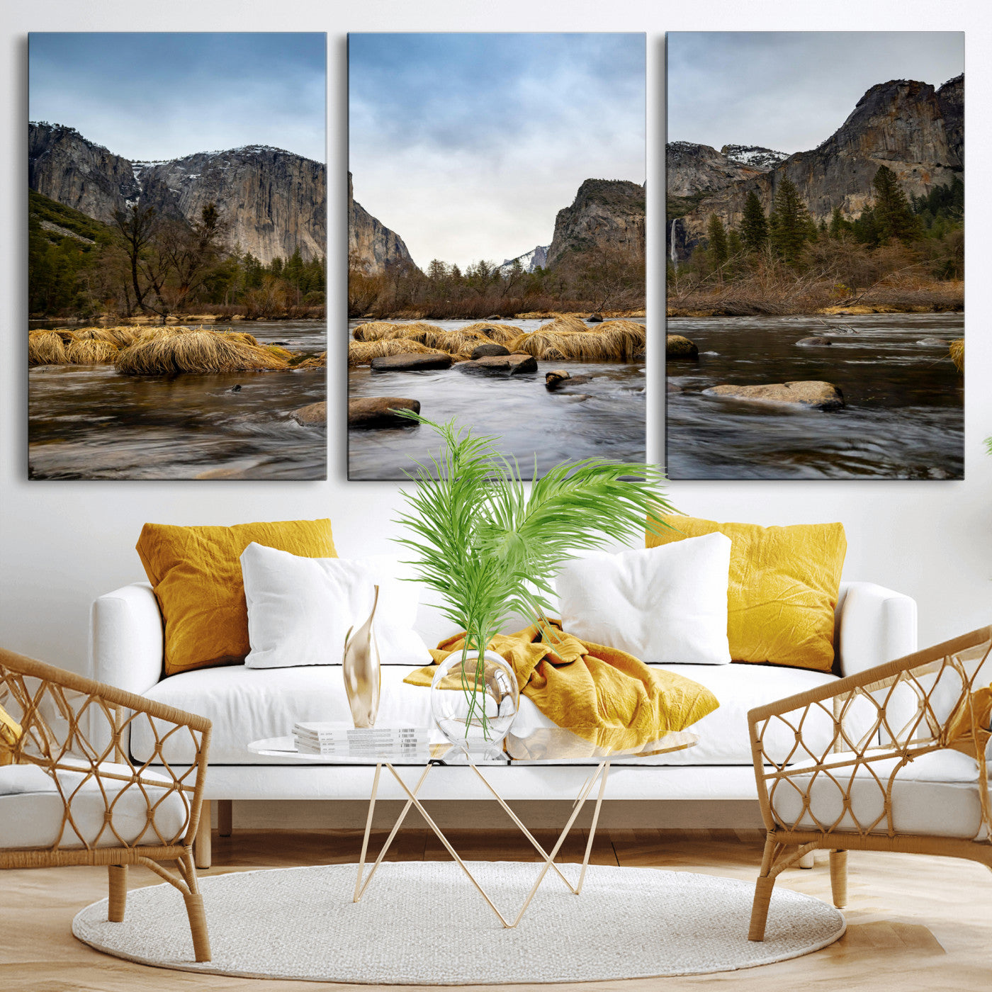 20458404-MGV-CV-36X24 - Yosemite Valley Mountain Landscape Wall Art Canvas Print, Granite Cliff Forest Valley Canvas Print, California National Park Scenic Art Printing