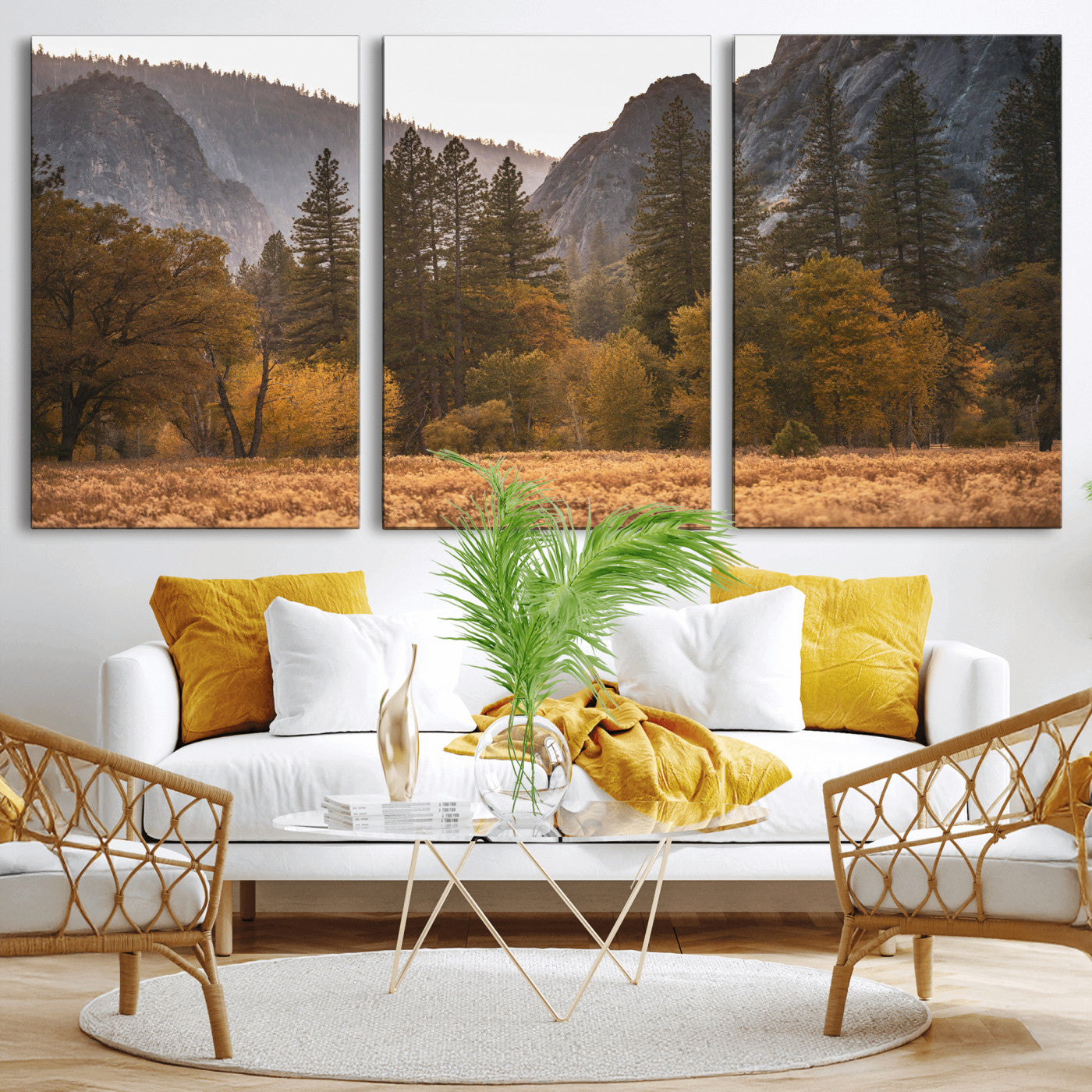 61682763-MGV-CV-36X24 - Yosemite Valley Autumn Forest Landscape Wall Art Canvas Print, Granite Mountain Pine Trees Canvas Print, California National Park Fall Scenic Art Printing