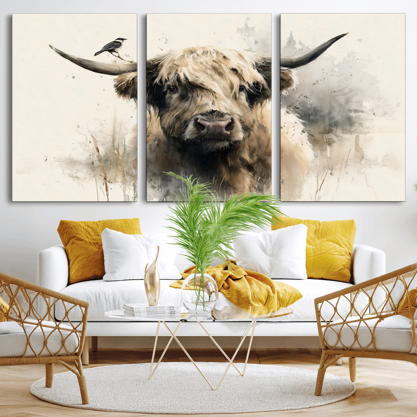 98249290-MGV-CV-36X24 - Abstract Highland Cow Watercolor Animal Wall Art Canvas Print, Rustic Farm Cattle Portrait Canvas Print, Neutral Wildlife Farmhouse Art Printing