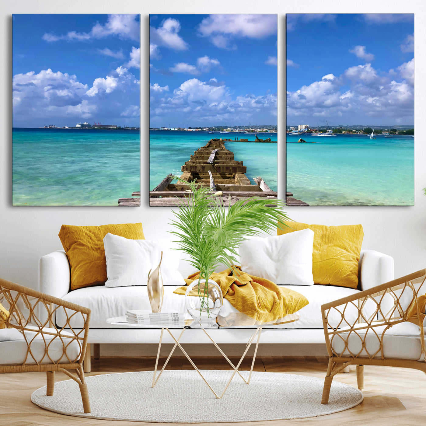 43165024-MGV-CV-36X24 - Caribbean Ocean Pier Seascape Wall Art Canvas Print, Turquoise Sea Tropical Harbor Canvas Print, Island Coastal Blue Water Scenic Art Printing
