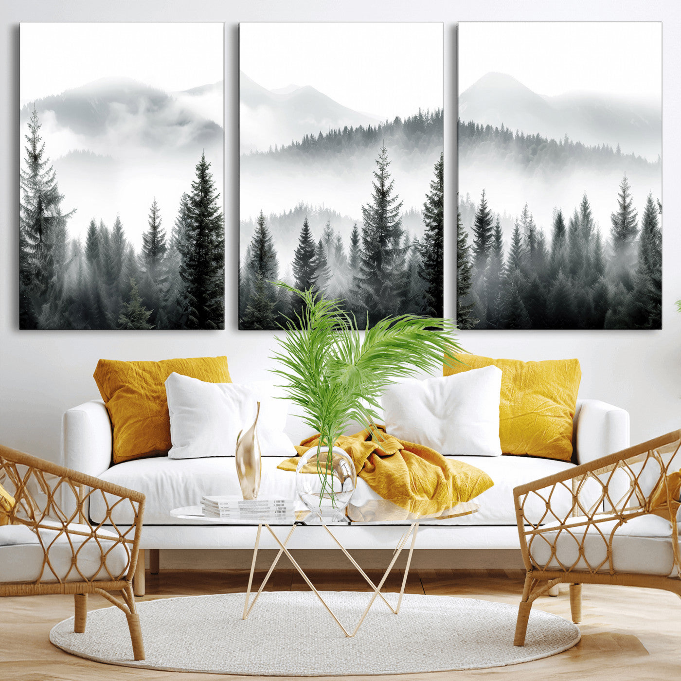 38819032-MGV-CV-36X24 - Misty Pine Forest Mountain Landscape Wall Art Canvas Print, Foggy Evergreen Trees Minimal Nature Canvas Print, Monochrome Wilderness Scenic Art Printing