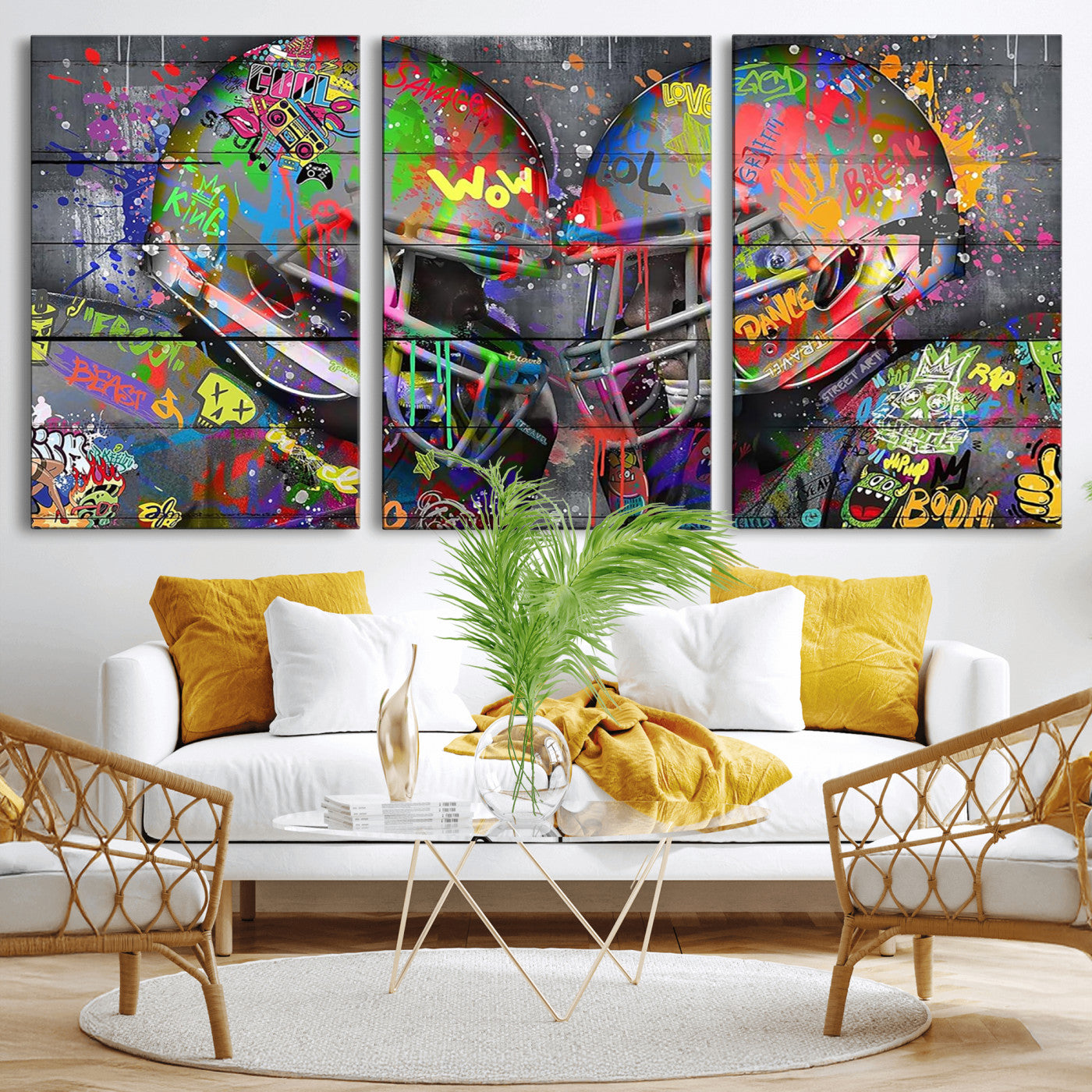 15309853-MGV-CV-36X24 - Graffiti Football Helmets Wall Art Canvas Print, Urban Street Art Sports Decor, Colorful American Football Graffiti Artwork