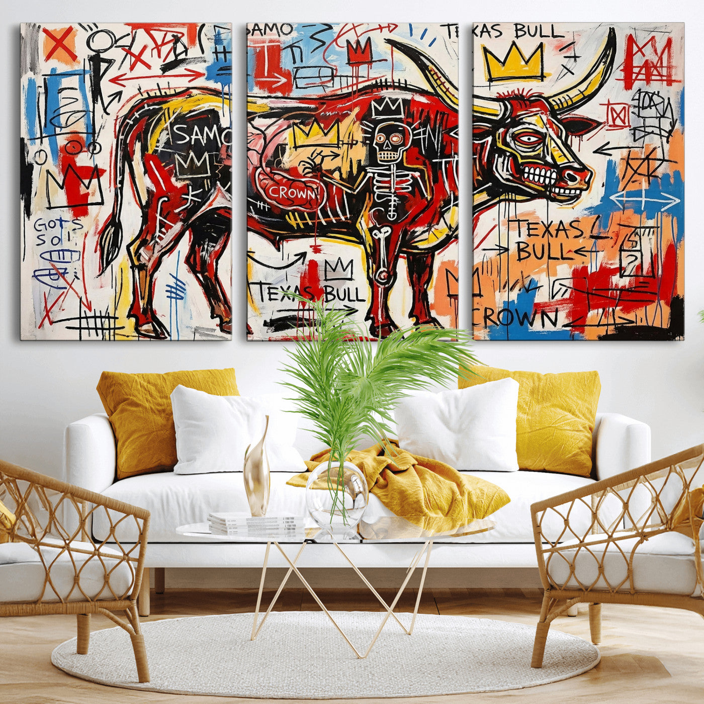 89504579-MGV-CV-36X24 - TITLE: Texas Bull Wall Art Canvas Print, Abstract Graffiti Bull Painting, Western Animal Art, Modern Ranch Decor