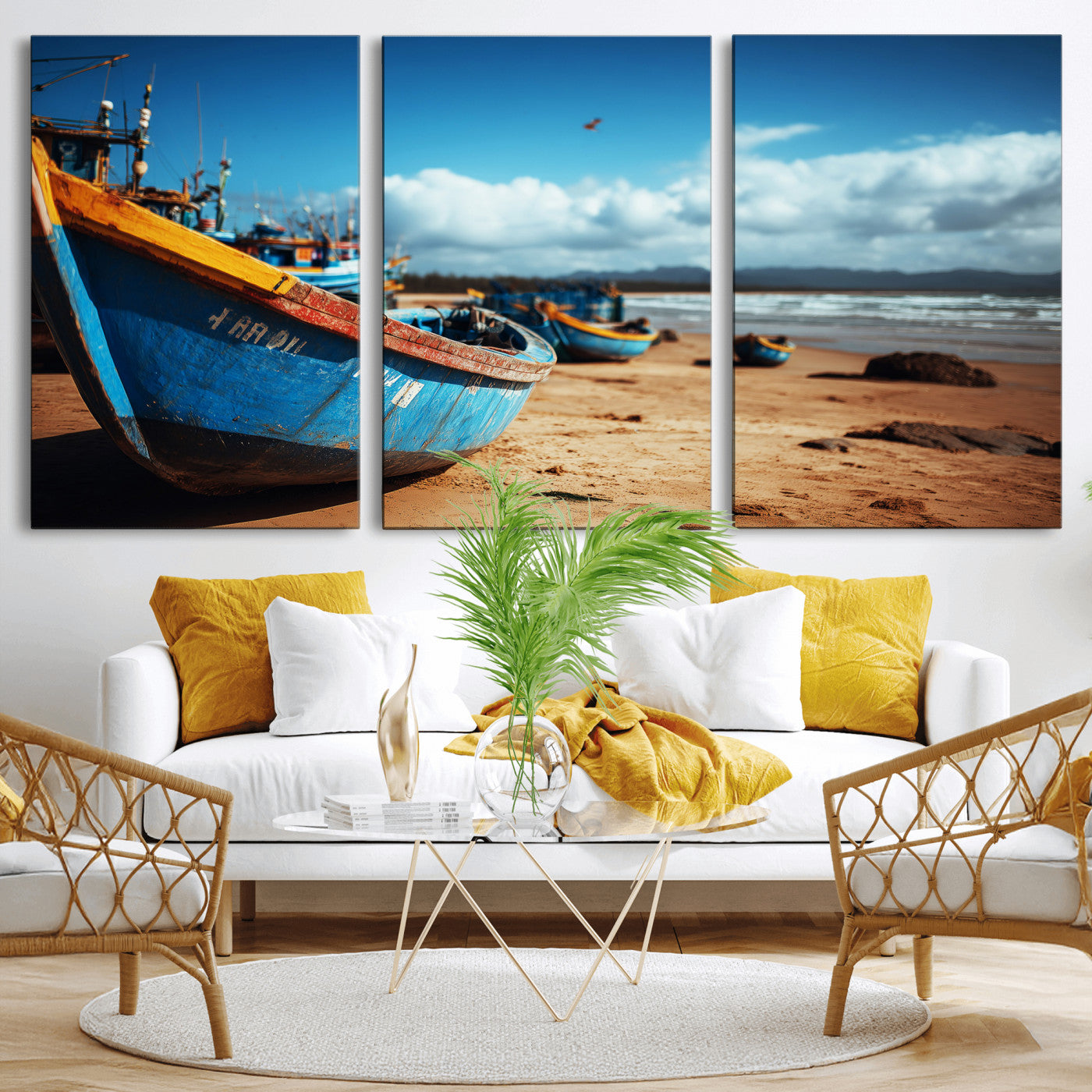 70925201-MGV-CV-36X24 - Fishing Boats Wall Art Canvas Print, Coastal Boat Beach Scene, Nautical Seaside Artwork, Ocean Shore Decor, Coastal Home Wall Art