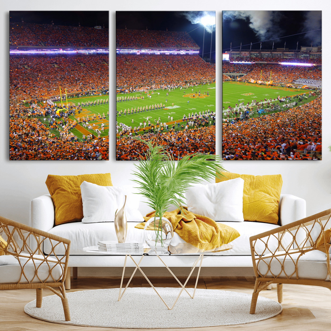 43662631-MGV-CV-36X24 - Clemson Football Stadium Wall Art Canvas Print, College Football Crowd Night Game Scene, Orange Stadium Panorama Wall Decor