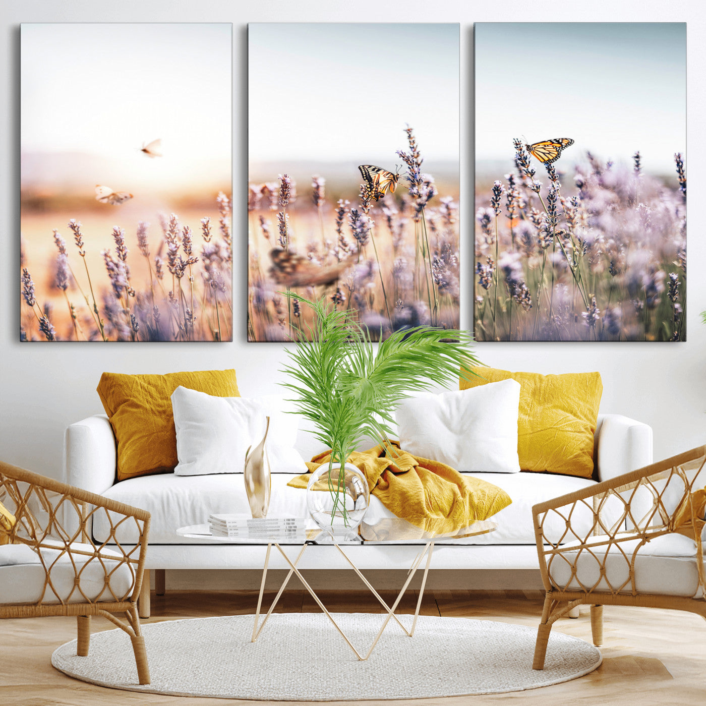 46417478-MGV-CV-36X24 - Lavender Field Wall Art Canvas Print, Butterfly Floral Landscape Art, Soft Nature Wall Decor for Bedroom
