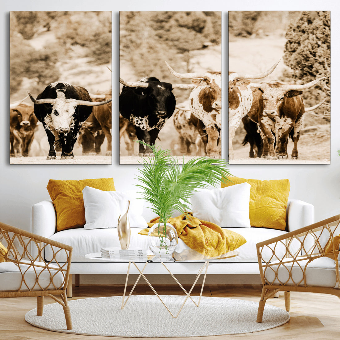 Western Longhorn Herd Wall Art Canvas Print, Sepia Ranch Scene