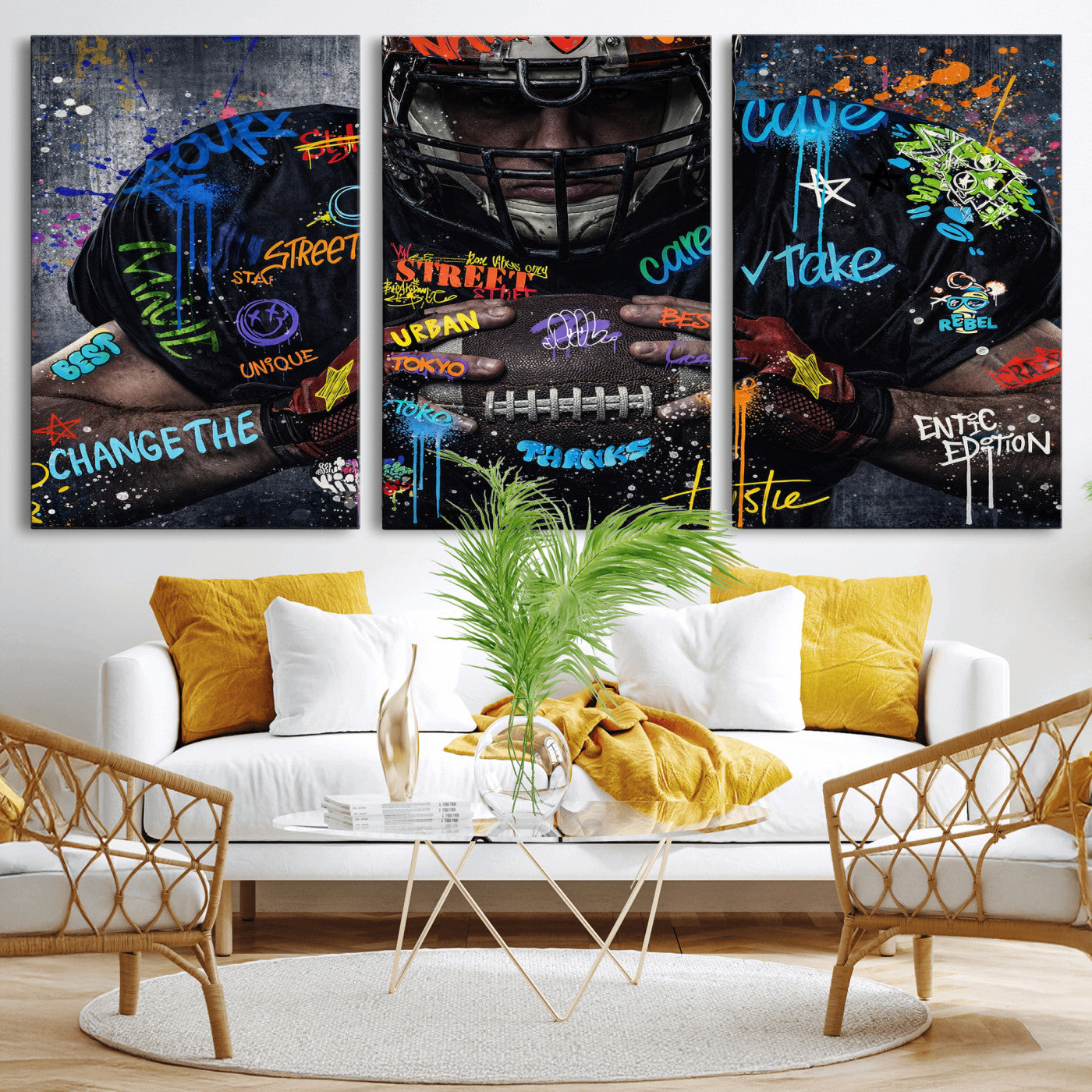 55267256-MGV-CV-36X24 - Graffiti American Football Player Street Art Wall Art Canvas Print, Urban Sports Pop Art Football Canvas Print, Modern Athletic Graffiti Contemporary Art Printing