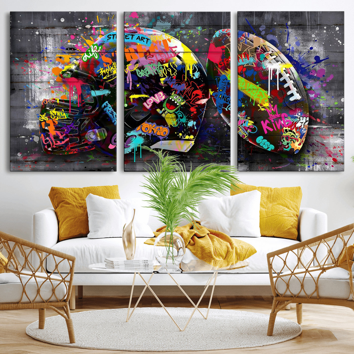 80540773-MGV-CV-36X24 - Graffiti American Football Helmet Street Art Wall Art Canvas Print, Urban Sports Pop Art Football Canvas Print, Colorful Graffiti Sports Contemporary Art Printing