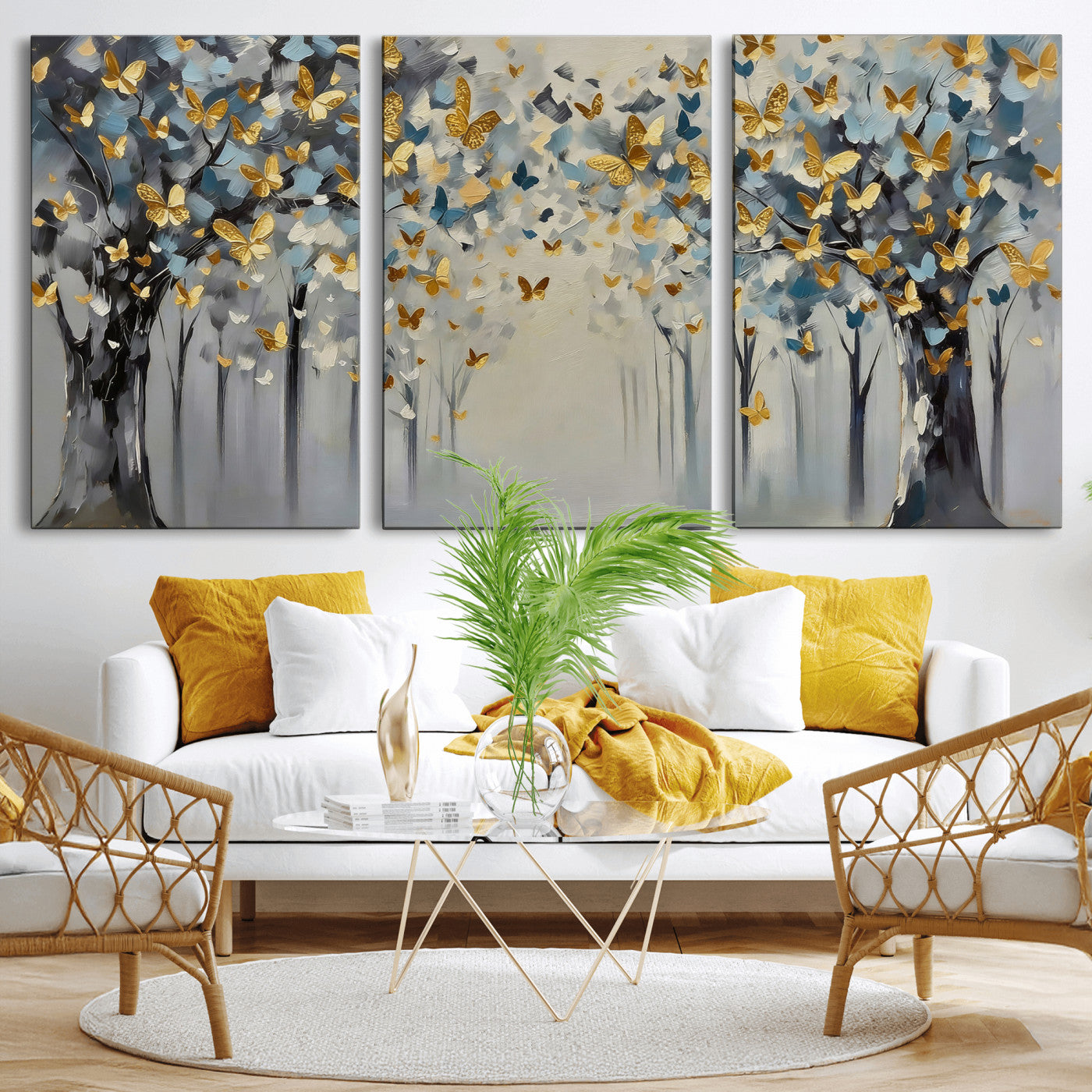 79208191-MGV-CV-36X24 - Golden Butterfly Tree Abstract Wall Art Canvas Print, Modern Elegant Nature Painting Canvas Print, Blue Gold Contemporary Floral Art Printing