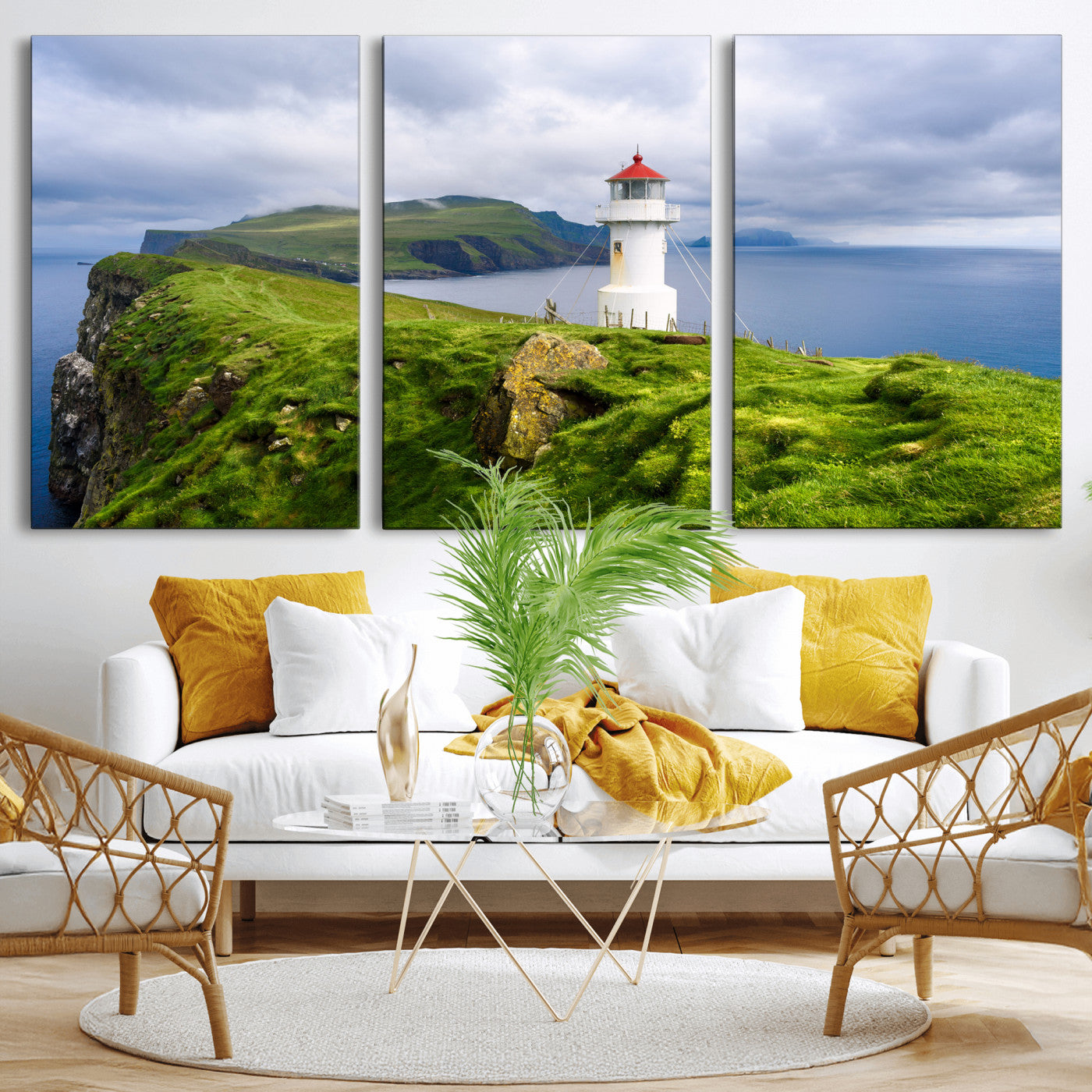 10680390-MGV-CV-36X24 - Coastal Lighthouse Wall Art Canvas Print, Cliffside Ocean Landscape Canvas Print, Scandinavian Coastal Decor for Living Room
