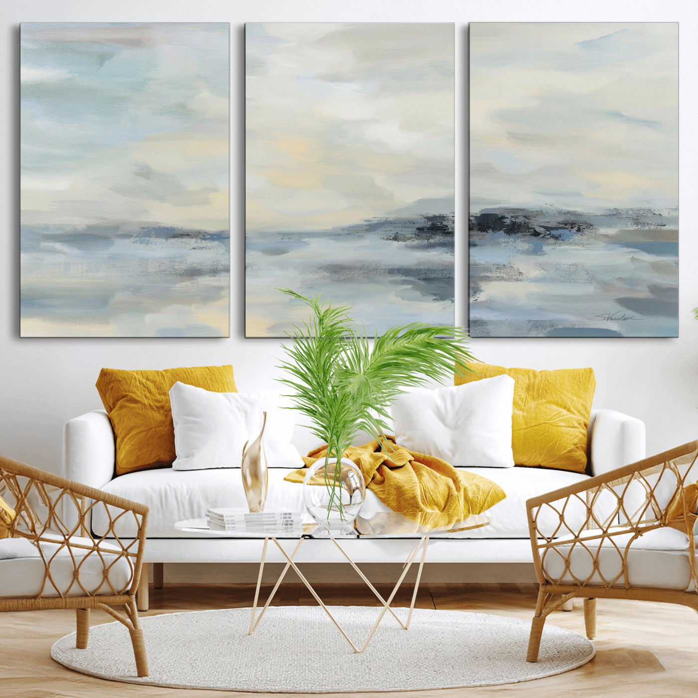 24647355-MGV-CV-36X24 - Abstract Coastal Landscape Wall Art Canvas Print – Soft Blue Gray Minimalist Painting