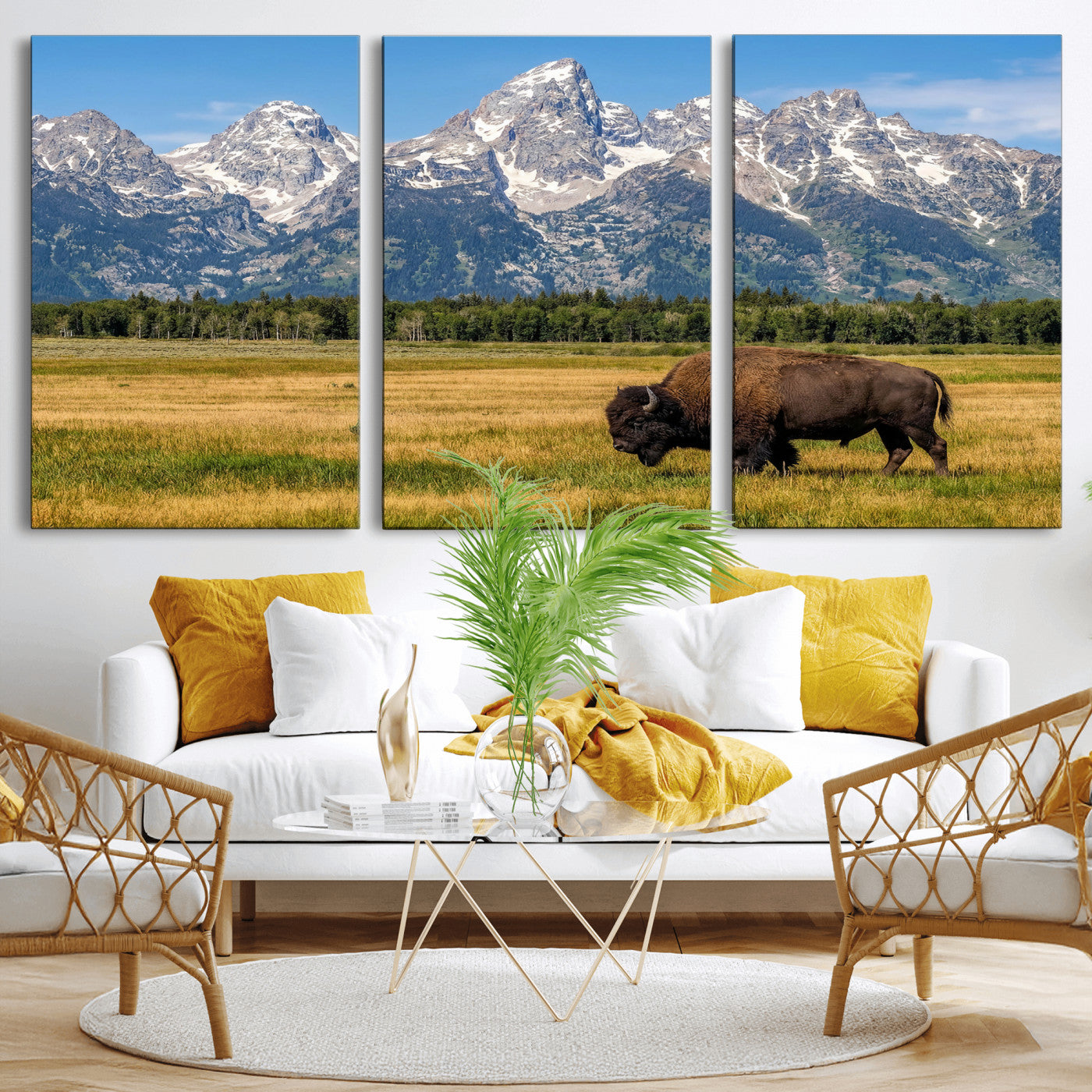 20424529-MGV-CV-36X24 - Bison in Mountain Landscape Wall Art Canvas Print – Western Wildlife Artwork for Rustic Living Room Decor