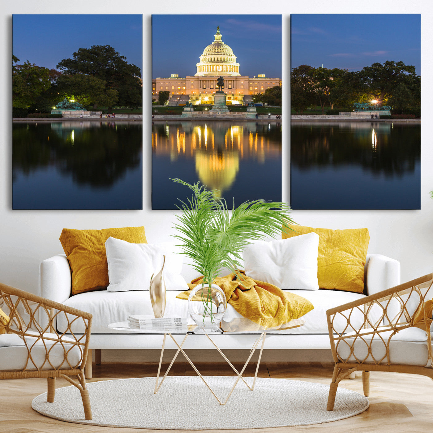 95568590-MGV-CV-36X24 - US Capitol Building Wall Art Canvas Print – Washington DC Landmark Night Reflection Artwork for Office Decor