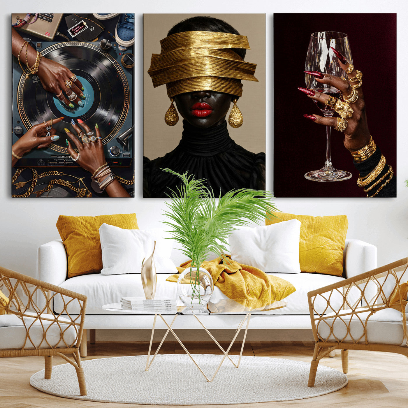 8151788S6-MGV-CV-60X30-3P - Luxury Fashion Wall Art Canvas Print Set of 3, Gold Jewelry Portrait Triptych, Glam Black Woman Modern Artwork