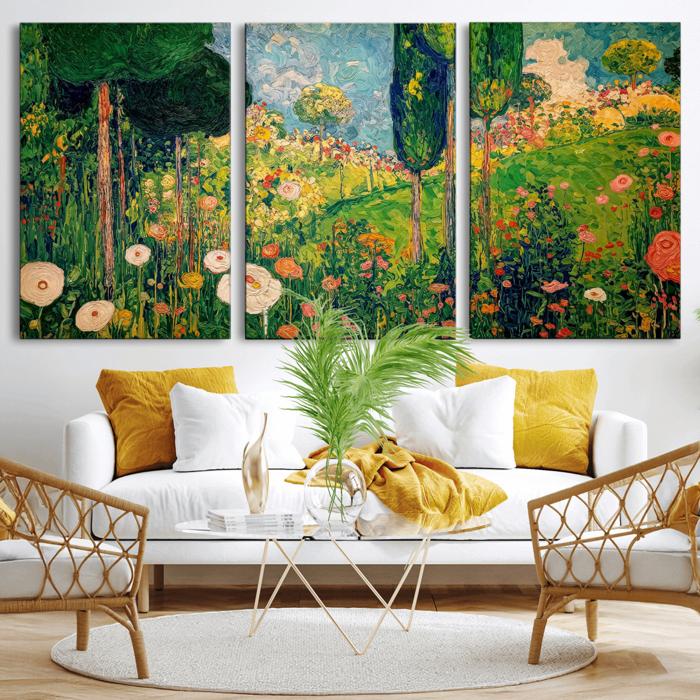83517974-MGV-CV-36X24 - Gustav Klimt Boho Mountain Landscape Large Wall Art, Horizontal Gold Framed Canvas Print with Sun and Flowers