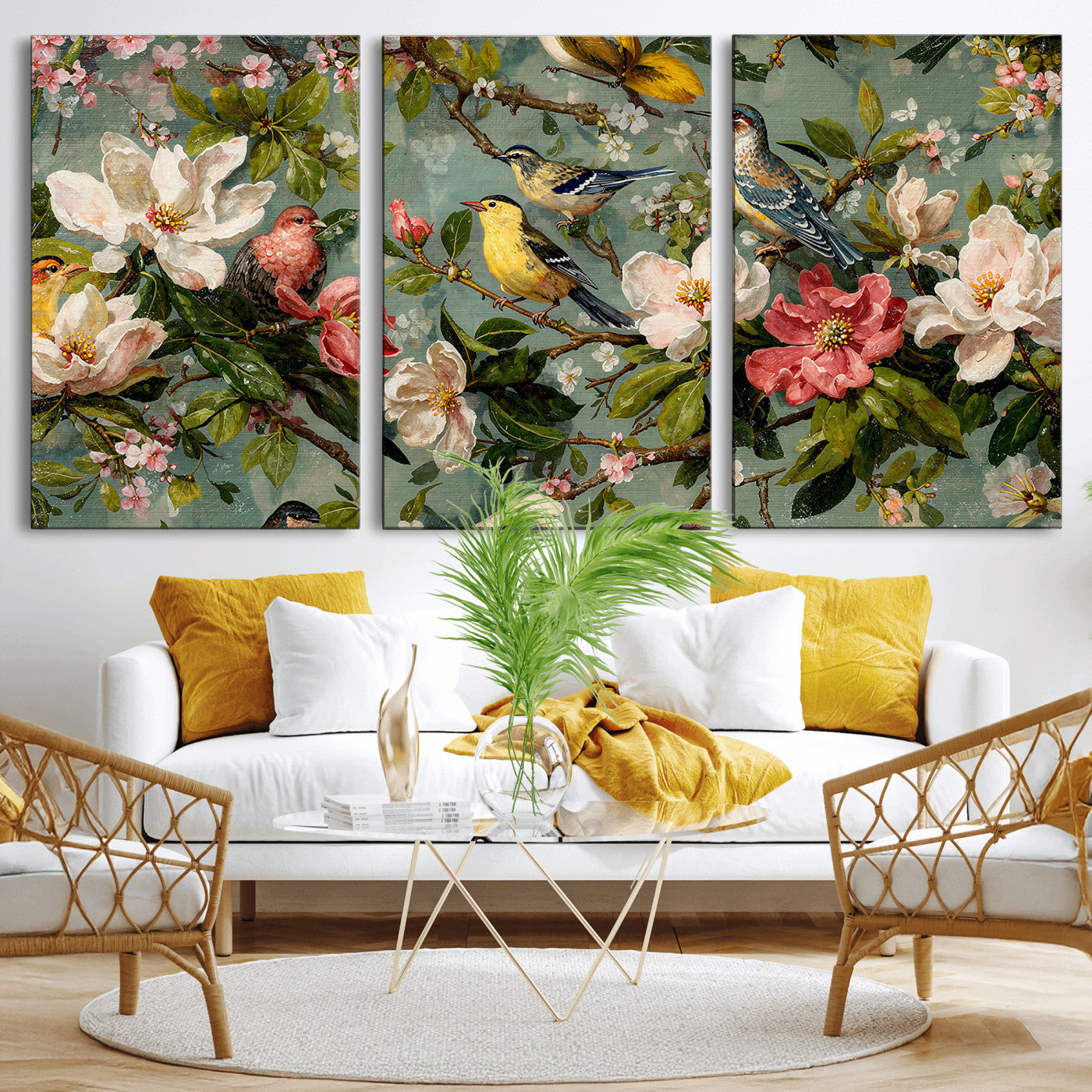 77883606-MGV-CV-36X24 - Vintage Birds and Flowers Wide Wall Art: Extra Large Panoramic Botanical Print