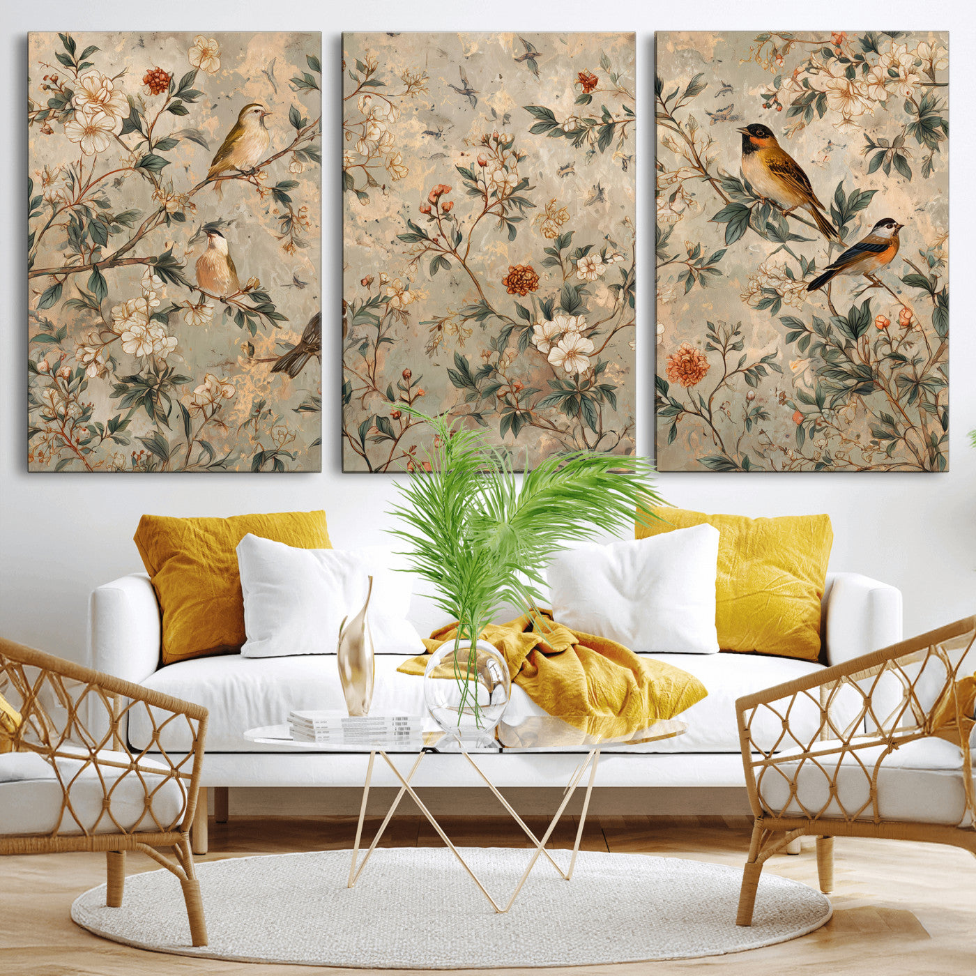 76588438-MGV-CV-36X24 - Vintage Birds and Flowers Wall Art Canvas Print, Botanical Bird Painting Canvas Print, Floral Garden Bird Artwork Canvas Print, Classic Bird Flower Painting Canvas Print