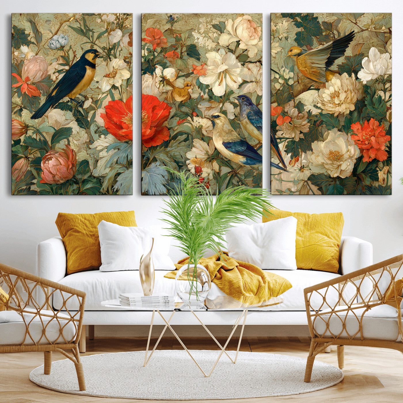 52904757-MGV-CV-36X24 - Vintage Birds and Flowers Wall Art Canvas Print, Botanical Bird Painting Canvas Print, Floral Garden Bird Artwork Canvas Print, Classic Bird Flower Painting Canvas Print