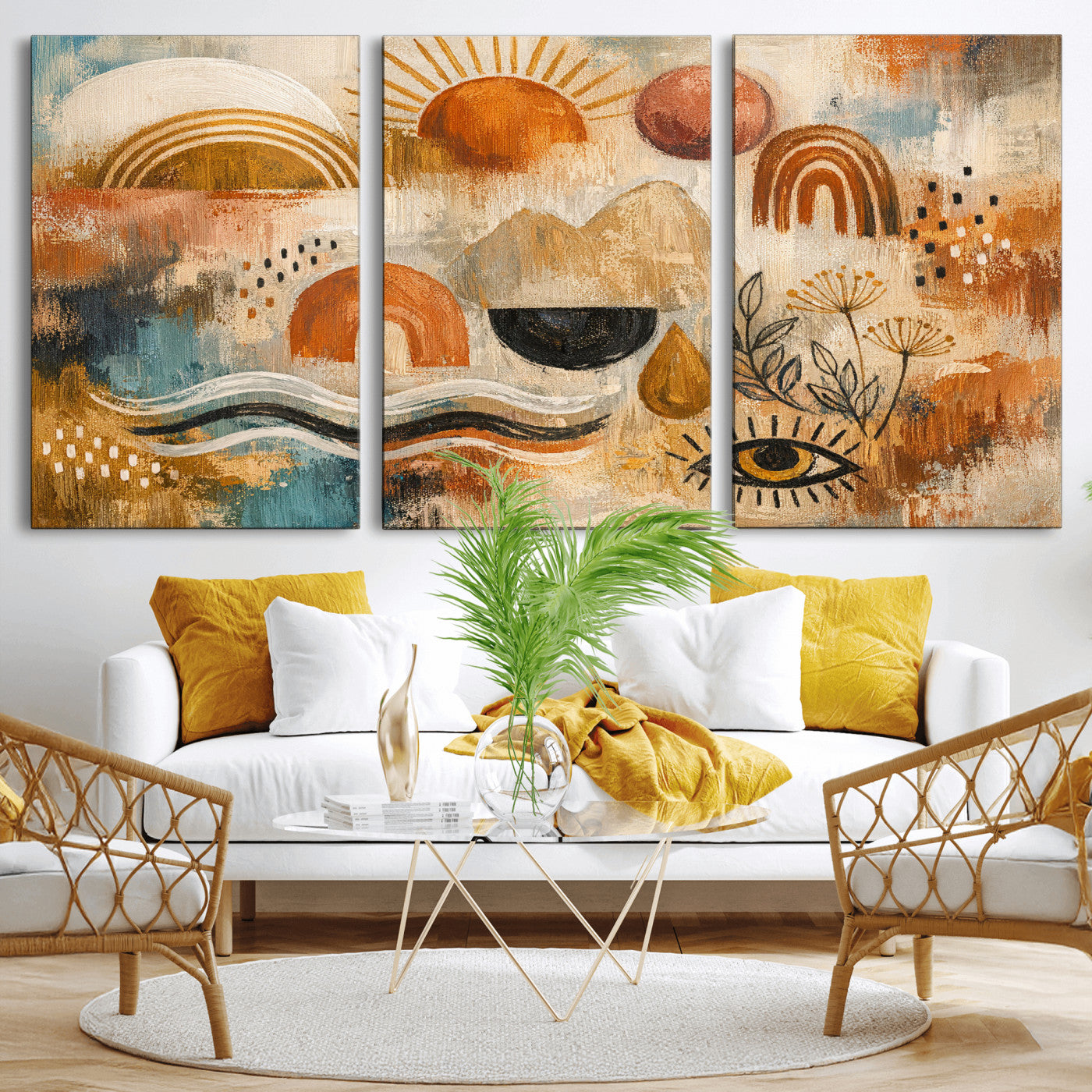 52155239-MGV-CV-36X24 - Geometric Boho Abstract Wall Art Canvas Print, Orange Blue Abstract Expressionist Painting Print, Modern Geometric Abstract Canvas Art