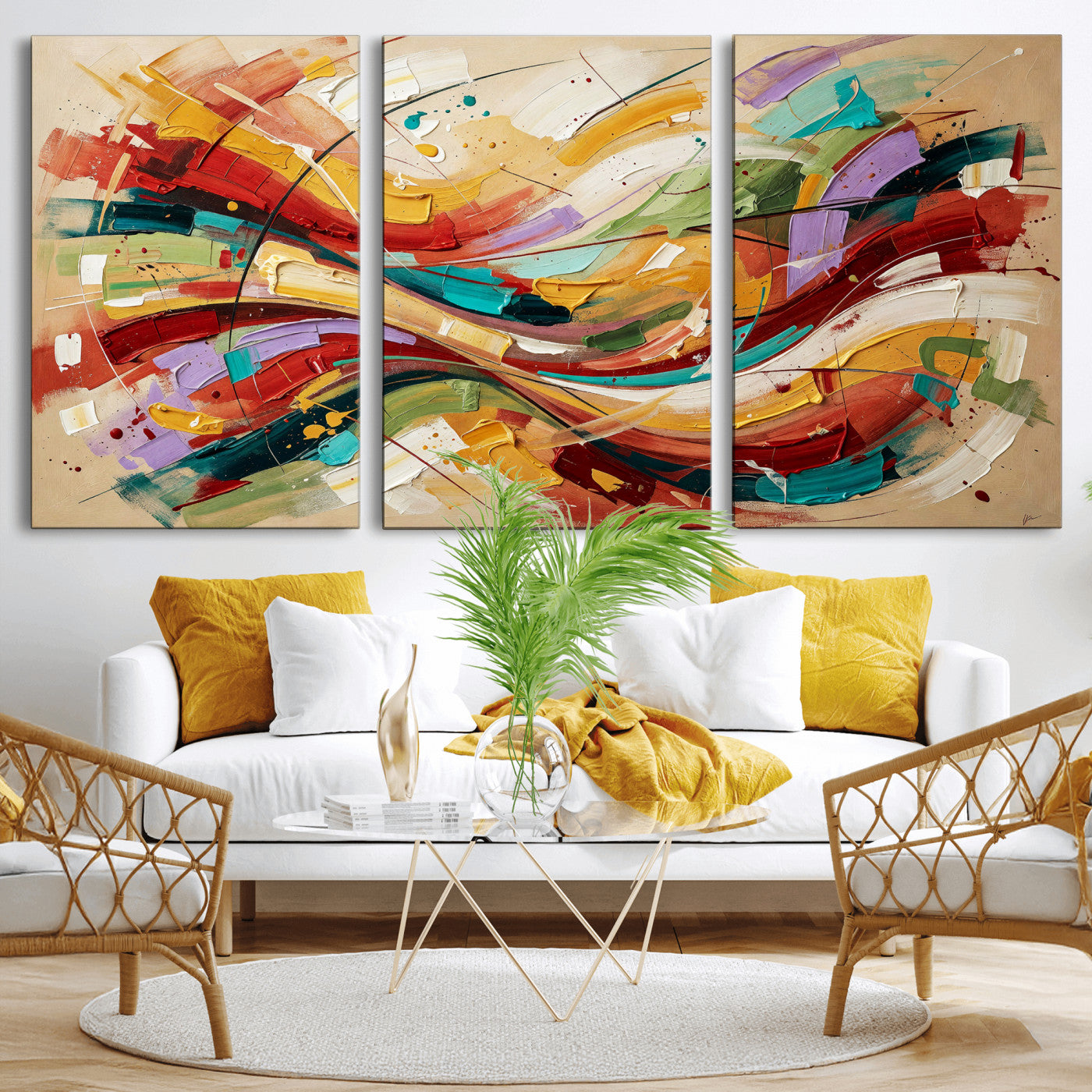39887645-MGV-CV-36X24 - Geometric Abstract Wall Art Canvas Print, Orange Blue Abstract Expressionist Painting Print, Modern Geometric Abstract Canvas Art