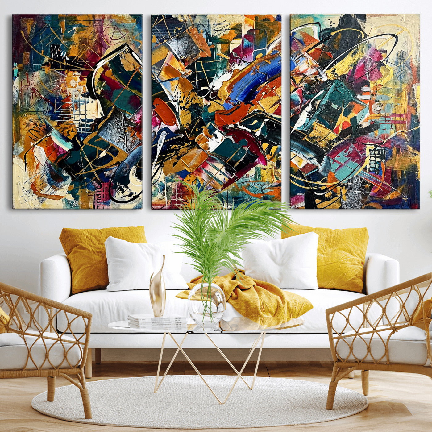 15525527-MGV-CV-36X24 - Geometric Abstract Wall Art Canvas Print, Orange Blue Abstract Expressionist Painting Print, Modern Geometric Abstract Canvas Art