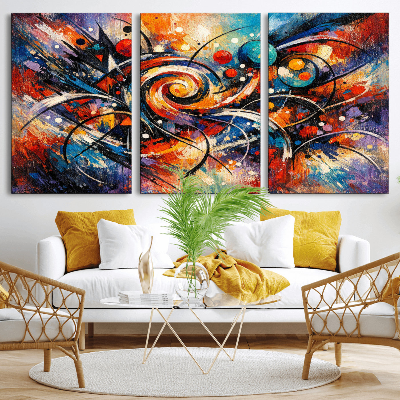 60193267-MGV-CV-36X24 - Geometric Abstract Wall Art Canvas Print, Orange Blue Abstract Expressionist Painting Print, Modern Geometric Abstract Canvas Art