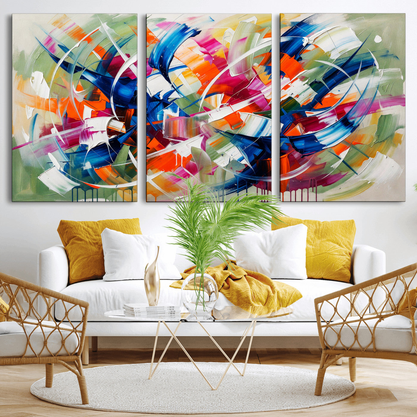 15032888-MGV-CV-36X24 - Geometric Abstract Wall Art Canvas Print, Orange Blue Abstract Expressionist Painting Print, Modern Geometric Abstract Canvas Art