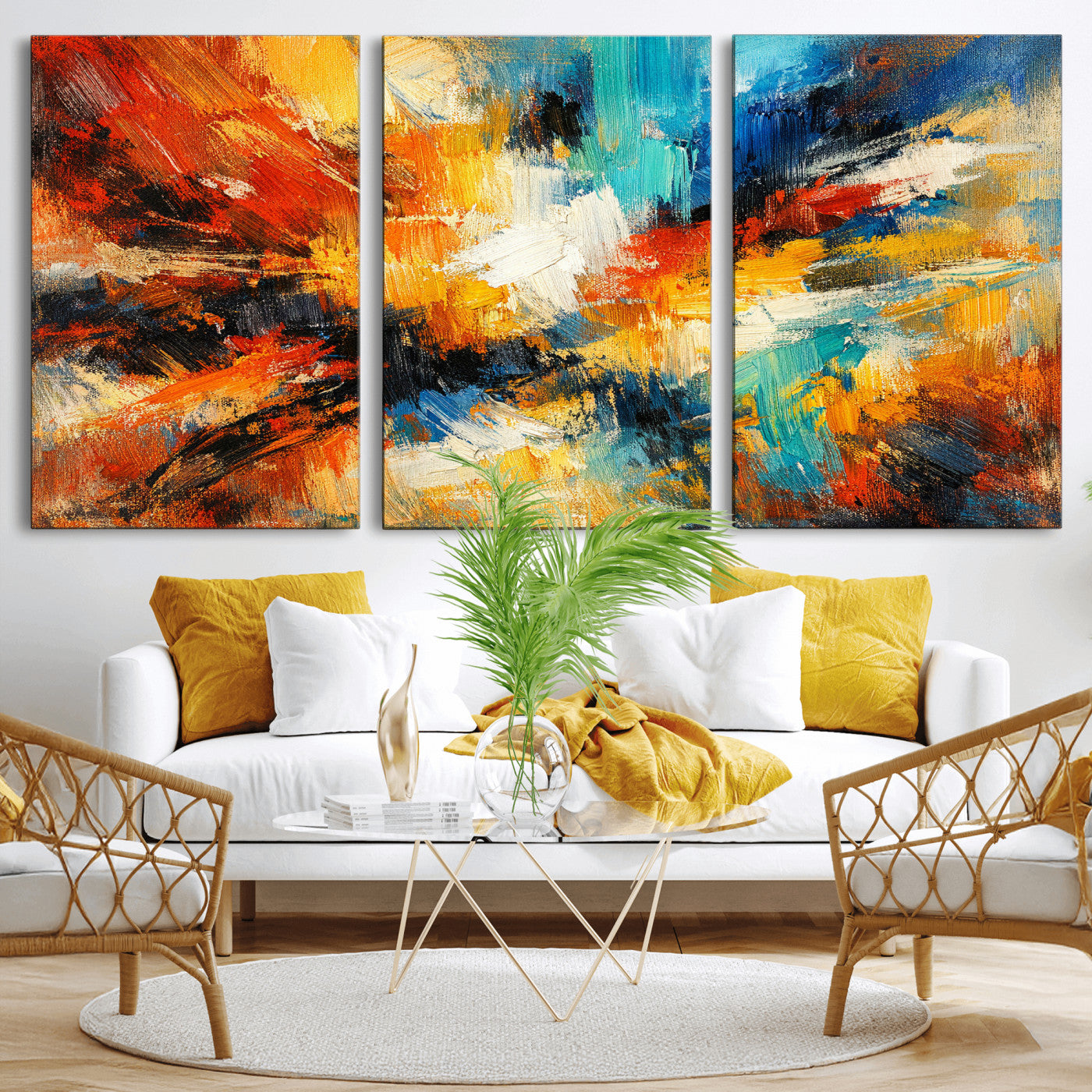 93167583-MGV-CV-36X24 - Geometric Abstract Wall Art Canvas Print, Orange Blue Abstract Expressionist Painting Print, Modern Geometric Abstract Canvas Art