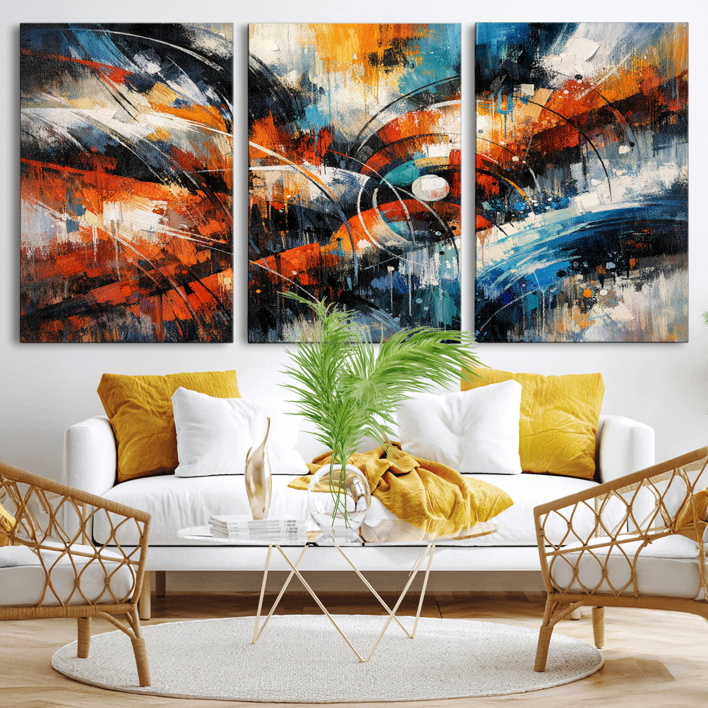 47120691-MGV-CV-36X24 - Geometric Abstract Wall Art Canvas Print, Orange Blue Abstract Expressionist Painting Print, Modern Geometric Abstract Canvas Art