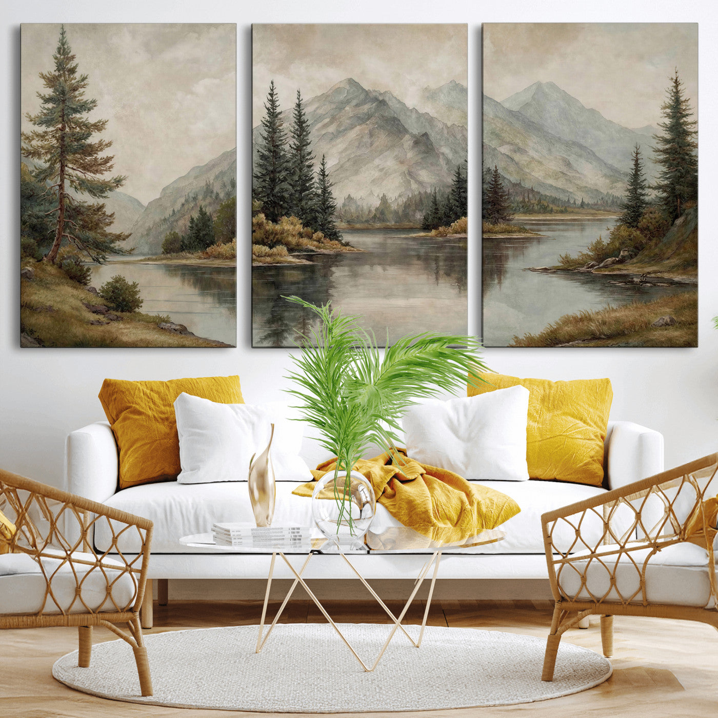 4712069V1-MGV-CV-60X30-3P - Vintage Mountain Landscape Wall Art Canvas Print Set, Rustic Nature Triptych Canvas, Neutral Lake Forest Mountain Wall Decor