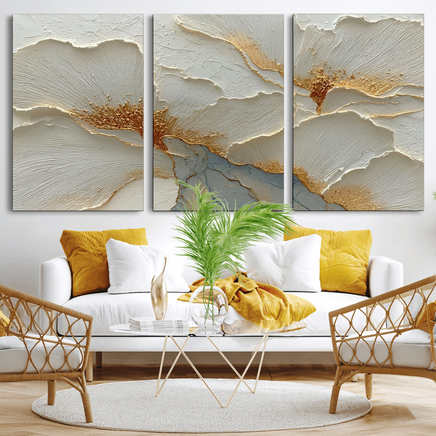 4712069F1-MGV-CV-36X24 - White Gold Floral Canvas Wall Art — Textured Flower Print | Luxury Botanical Decor | Elegant Bedroom Art | Gold Leaf Wall Art Gift