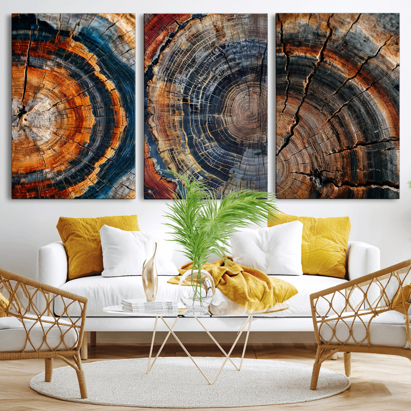 4712069W1-MGV-CV-48X32-3P - Tree Ring Triptych Canvas Wall Art — Set of 3 Wood Grain Print | Rustic Nature Decor | Earth Tone Wall Art | Unique Living Room Art Gift