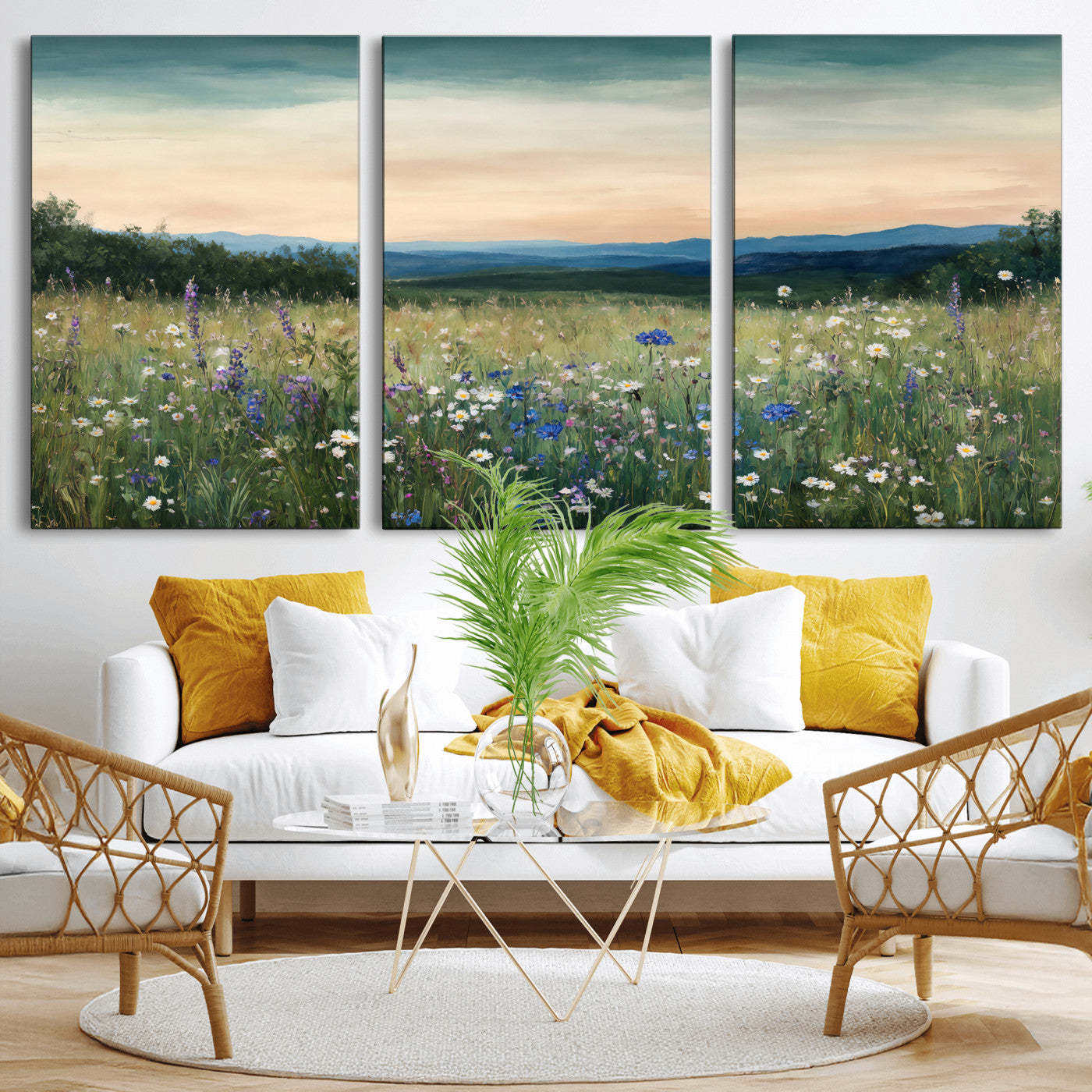 35773805-MGV-CV-36X24 - Wildflower Meadow Oil Painting Canvas — Daisy Lavender Mountain Sunset Print | Cottagecore Floral Wall Art | Bedroom Decor Gift for Her