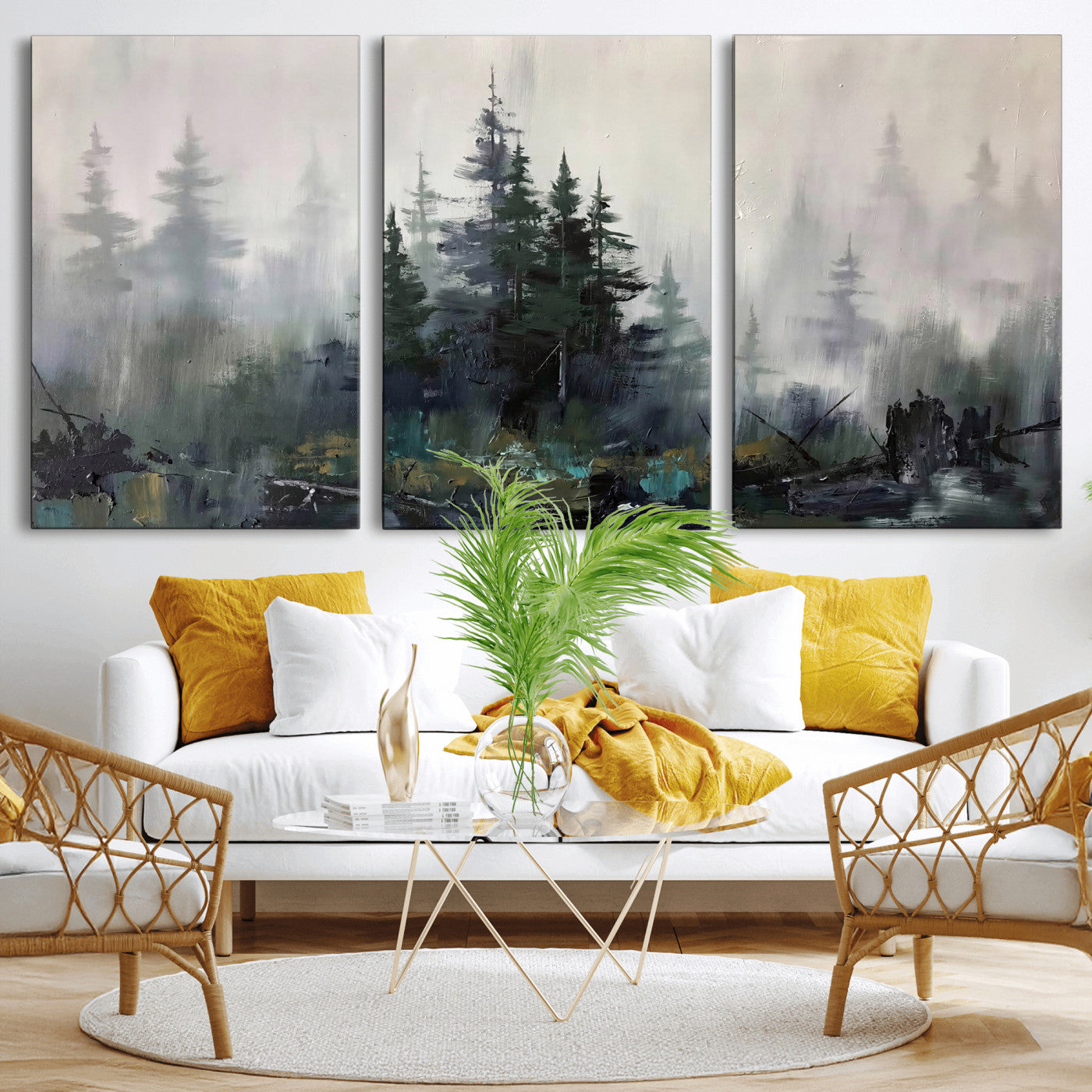 94143325-MGV-CV-36X24 - Misty Pine Forest Oil Painting Canvas — Dark Moody Teal Grey Tree Print | Japandi Scandinavian Wall Art | Minimalist Nature Decor Gift