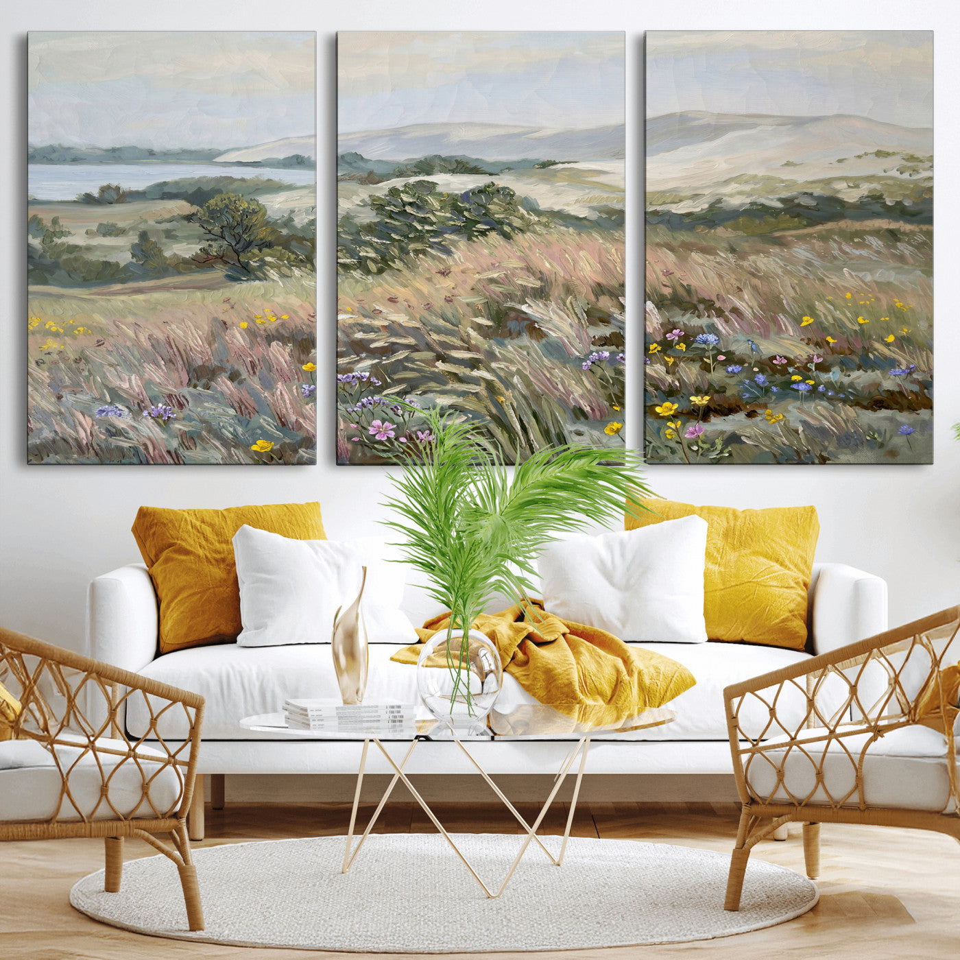 18013232-MGV-CV-36X24 - Katie Staples Hillside Canvas Wall Art — Coastal Wildflower Dune Oil Painting Print | Muted Green Nature Decor | Plein Air Landscape Gift