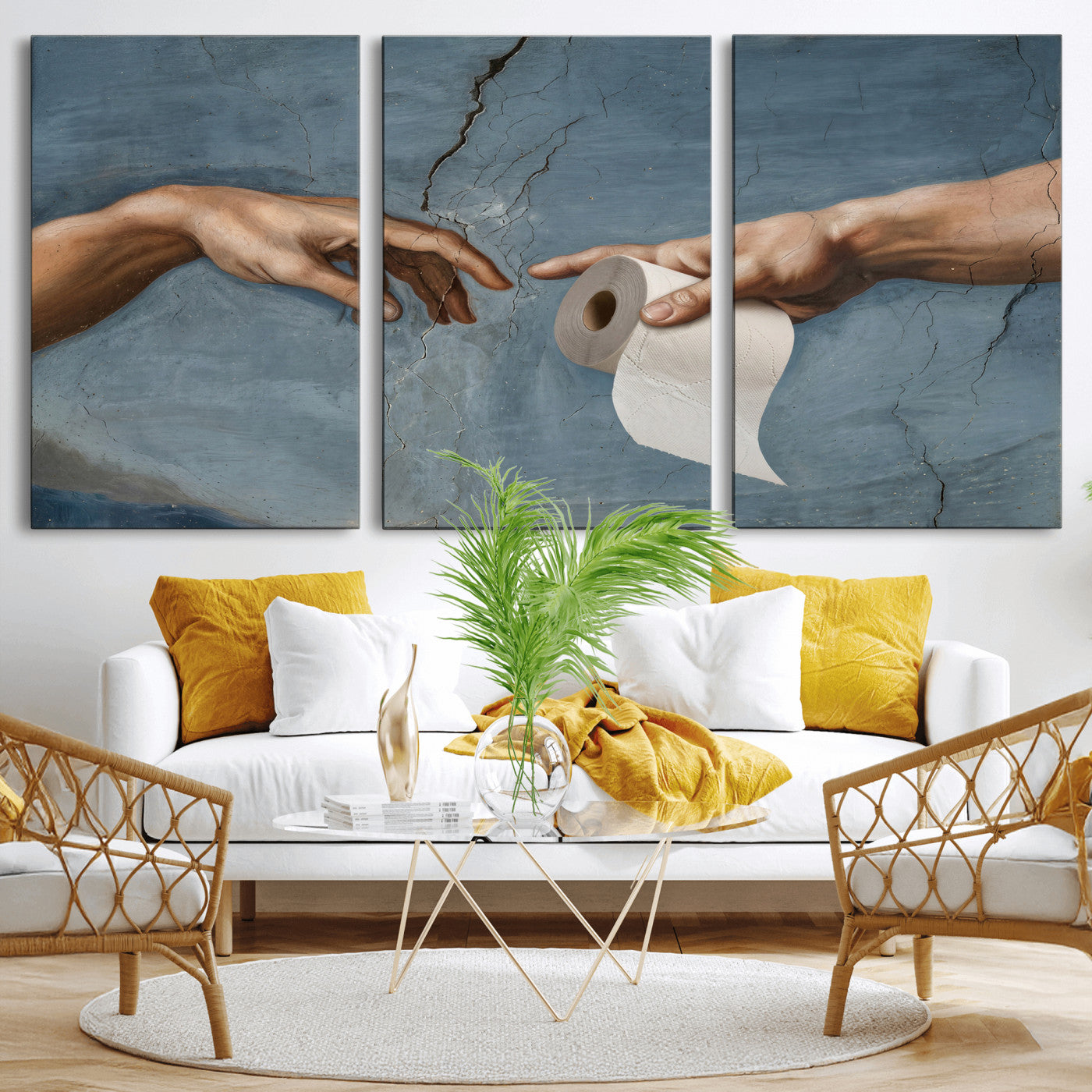 42648143-MGV-CV-36X24 - Funny Bathroom Canvas Wall Art, Michelangelo Creation of Adam Toilet Paper Parody, Renaissance Humor Print, Quirky Housewarming Gift, Toilet Room Decor