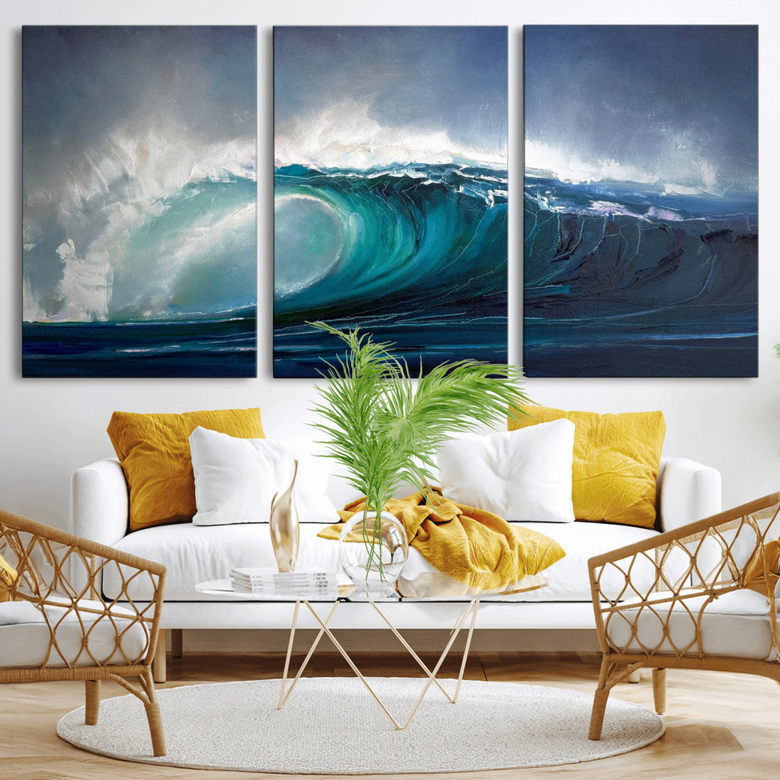 Ocean Wave Canvas Wall Art, Dramatic Teal Blue Seascape Oil Painting Print