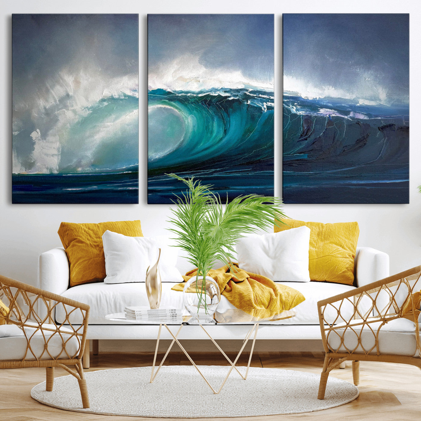 35491180-MGV-CV-60X30-3P - Ocean Wave Canvas Wall Art, Dramatic Teal Blue Seascape Oil Painting Print, Stormy Sea Coastal Decor, Large Beach House Art, Surf Wave Statement Art