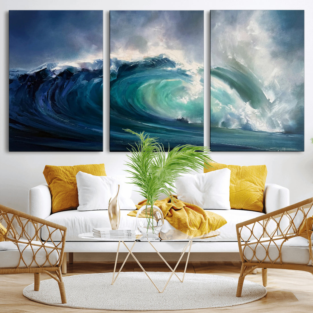 Ocean Wave Canvas Wall Art, Dramatic Teal Blue Seascape Oil Painting Print