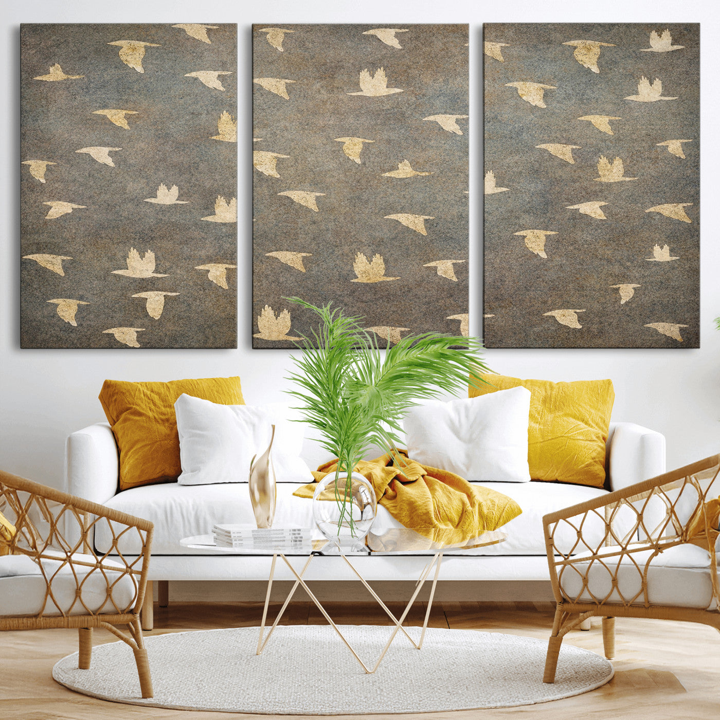 74076164-MGV-CV-36X24 - Flying Birds Canvas Wall Art, Vintage Bird Flock Pattern Print, Grey Gold Abstract Nature Decor, Rustic Bird Silhouette Art, Boho Living Room Decor