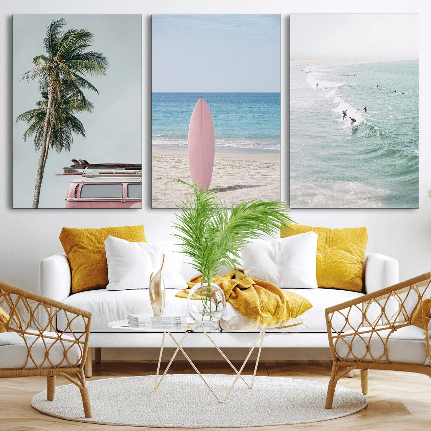 39028765-MGV-CV-60X30-3P - Surf Canvas Wall Art Set, Pink Surfboard VW Van Palm Tree Triptych, Beach House Coastal Decor, Pastel Ocean Photography Print, Boho Surf Decor