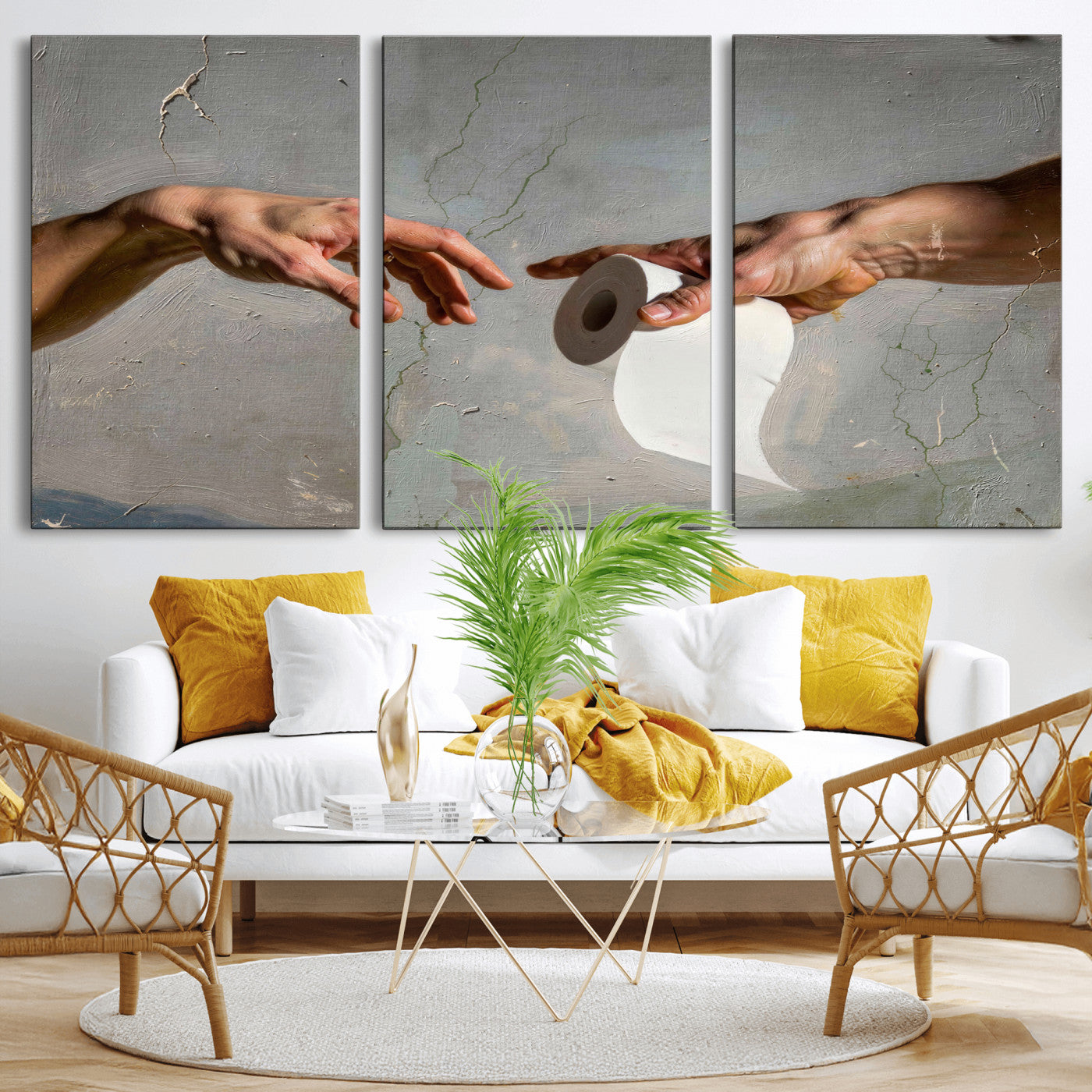 72030048-MGV-CV-36X24 - Funny Bathroom Wall Art Canvas, Creation of Toilet Paper Parody Print, Renaissance Humor Decor, Toilet Room Art, Quirky Housewarming Gift, Classic Art Spoof