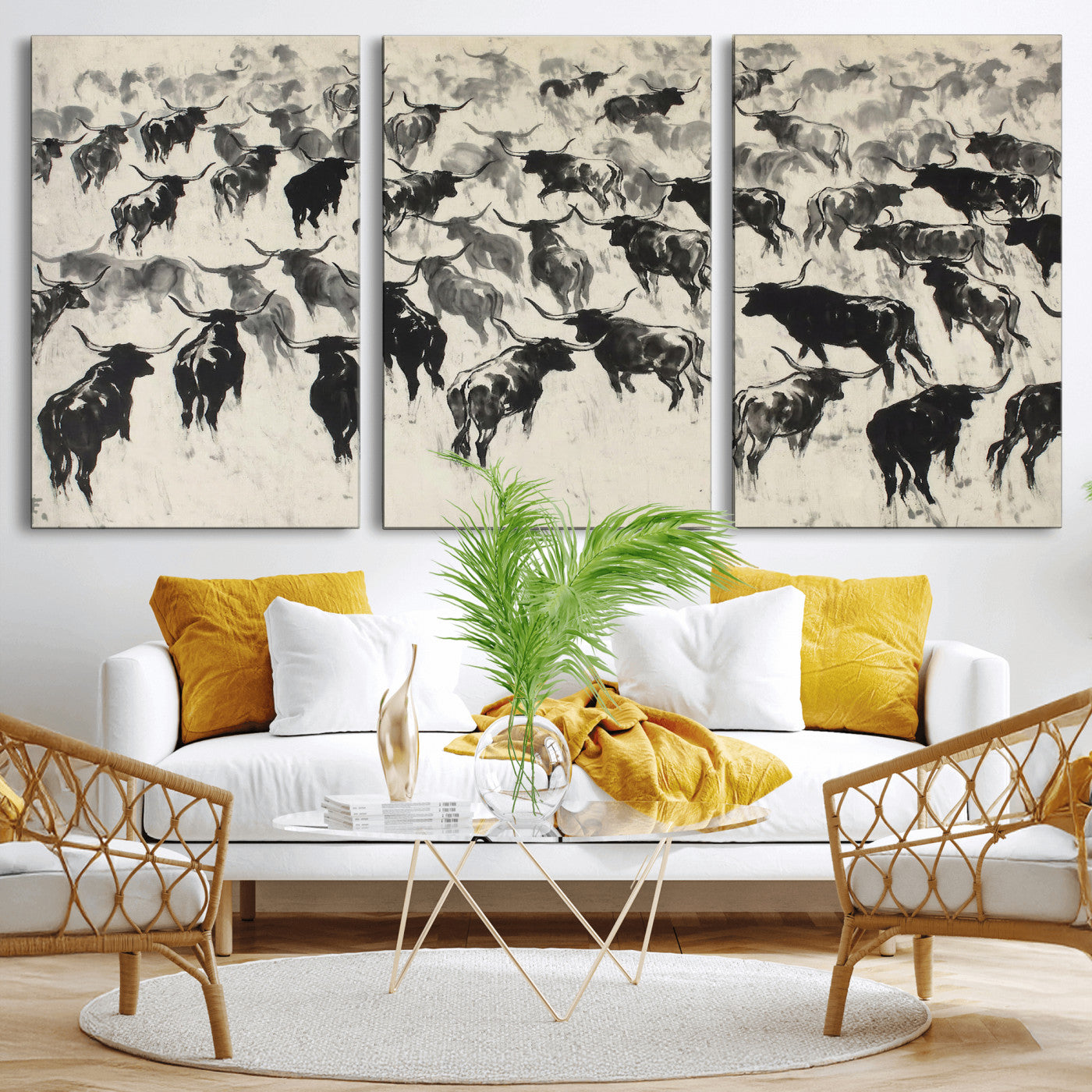 68669792-MGV-CV-36X24 - Longhorn Cattle Canvas Wall Art, Black White Stampede Ink Painting Print, Western Farmhouse Decor, Bull Herd Art, Large Living Room Wall Art, Ranch Home Decor
