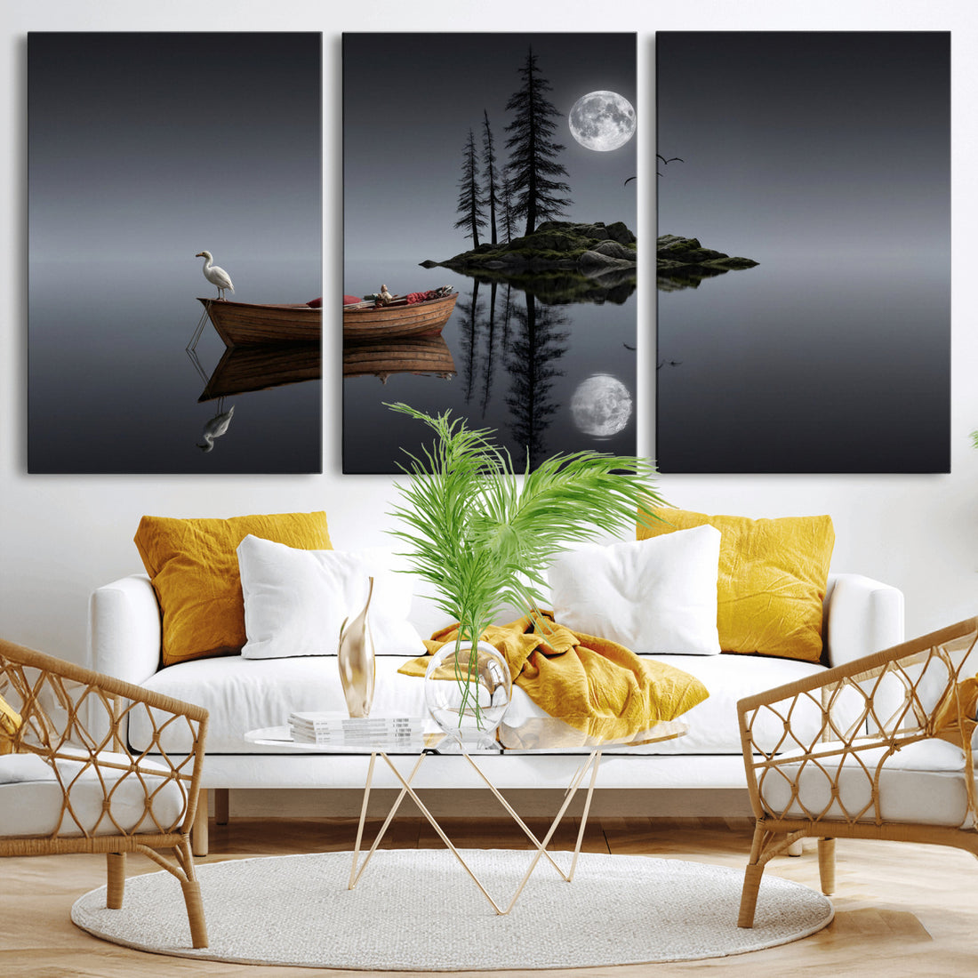 Moonlit Lake Canvas Wall Art, Dreamy Boat Heron Full Moon