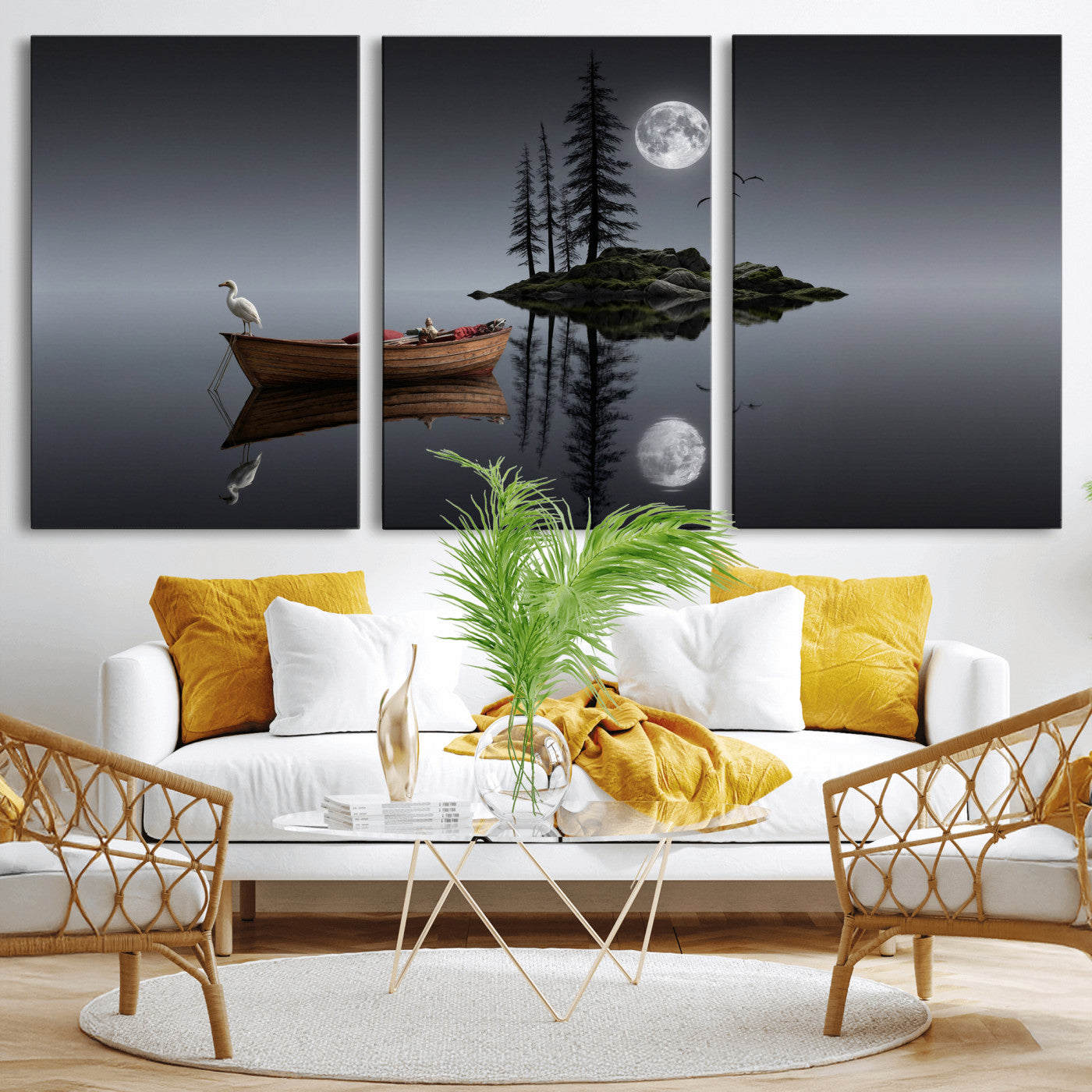 68839391D-MGV-CV-60X30-3P - Moonlit Lake Canvas Wall Art, Dreamy Boat Heron Full Moon Night Print, Dark Fantasy Nature Decor, Moody Bedroom Art, Surreal Landscape Wall Art