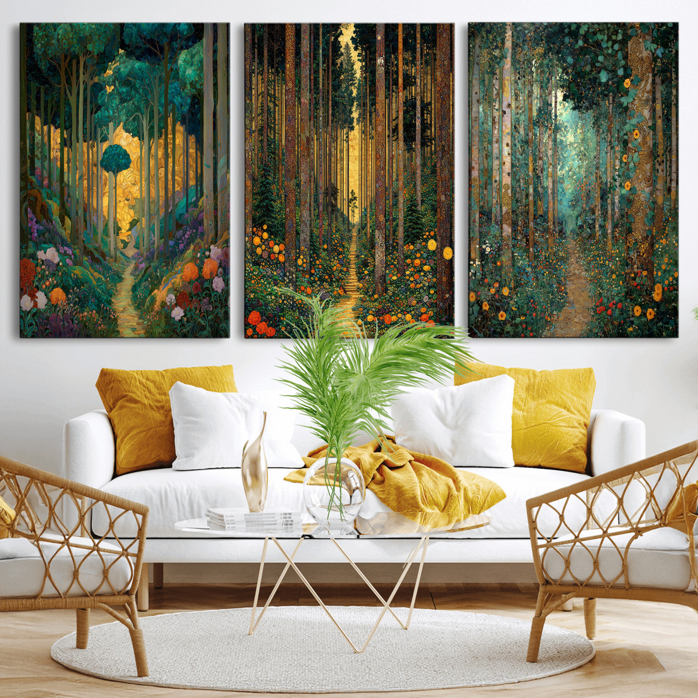 79483321-MGV-CV-60X30-3P - Gustav Klimt Style Forest Canvas Wall Art, Golden Forest Path Floral Art Nouveau Print, Enchanted Woodland Decor, Maximalist Colorful Nature Art