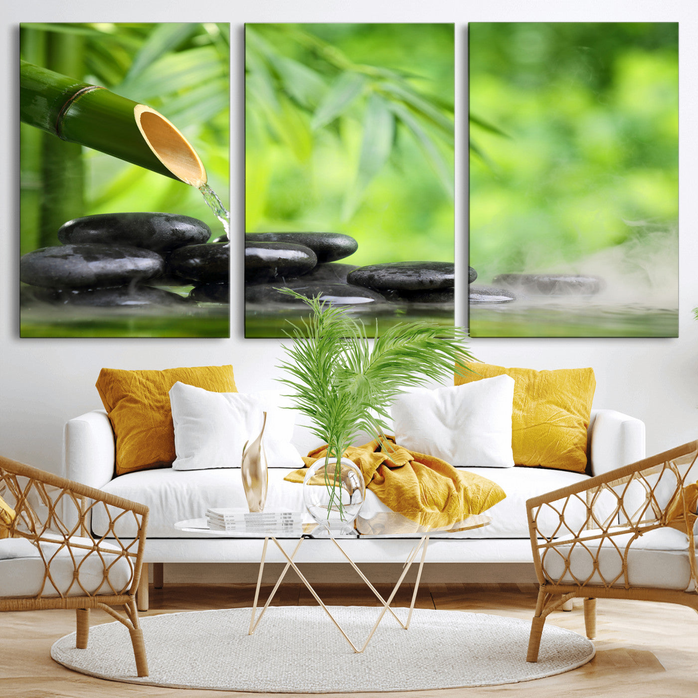 26961320-MGV-CV-36X24 - Bamboo Water Flow Black Stone Canvas | Zen Spa Nature Photography Print | Green Mist Japanese Garden Wall Art | Tranquil Decor